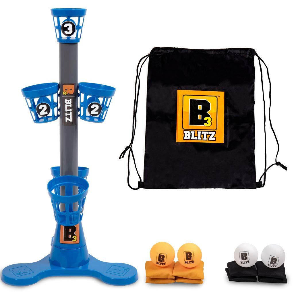 B3 Blitz, Bean Bag and Pong Ball toss Game, Indoor Party Game for Adults and Family: College Bean Bag The Next Generation Pong Game;Game Stand, 5 Buckets 8 Bean Bags 4 Pong Balls, Blue