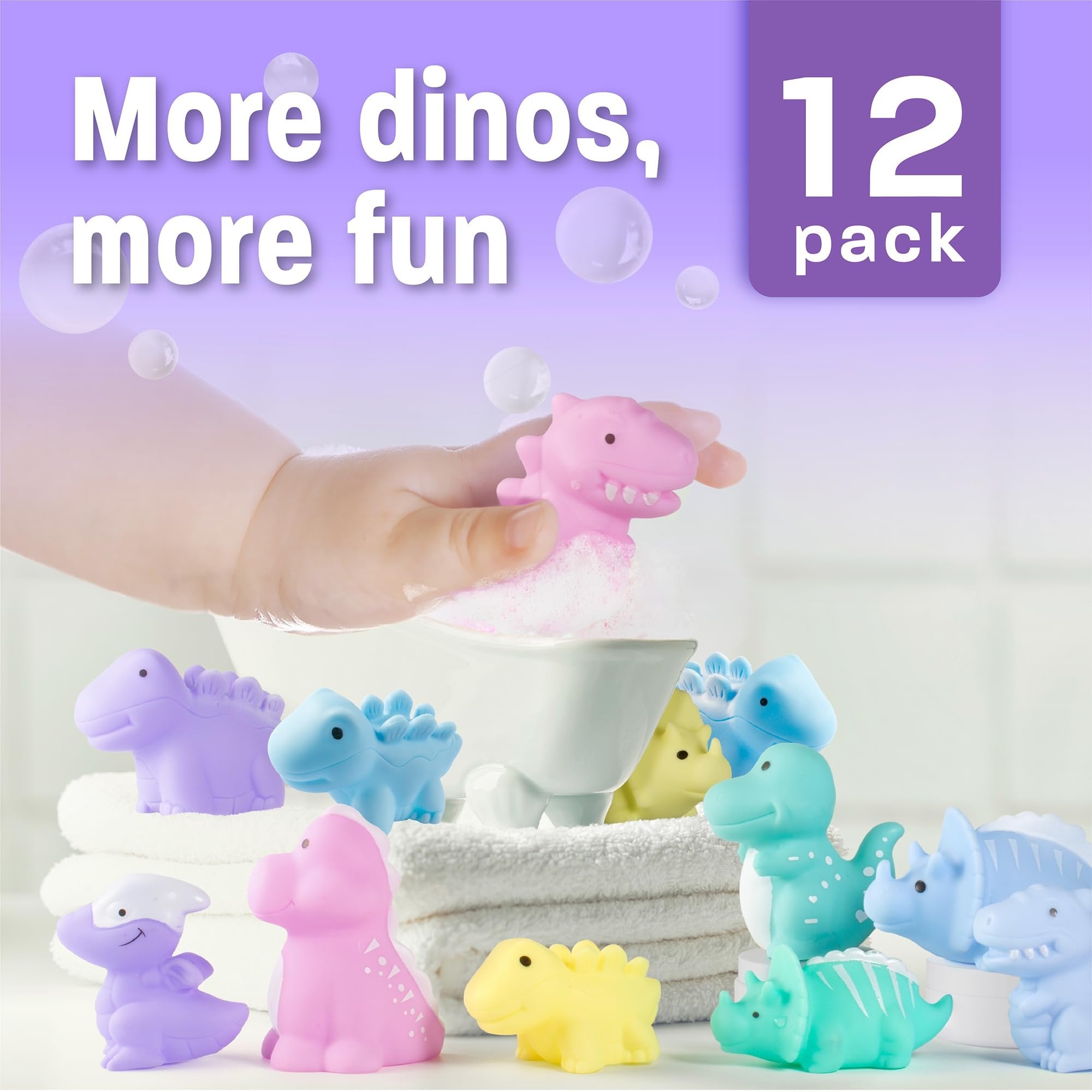 Maplefield 12-Pack No Hole Dinosaur Bath Toys for Kids 2-4 Easy-to-Clean - Cute Pastel Color - Makes Bath Time Enjoyable - Helps Develop Motor Skills - 5 Different Species