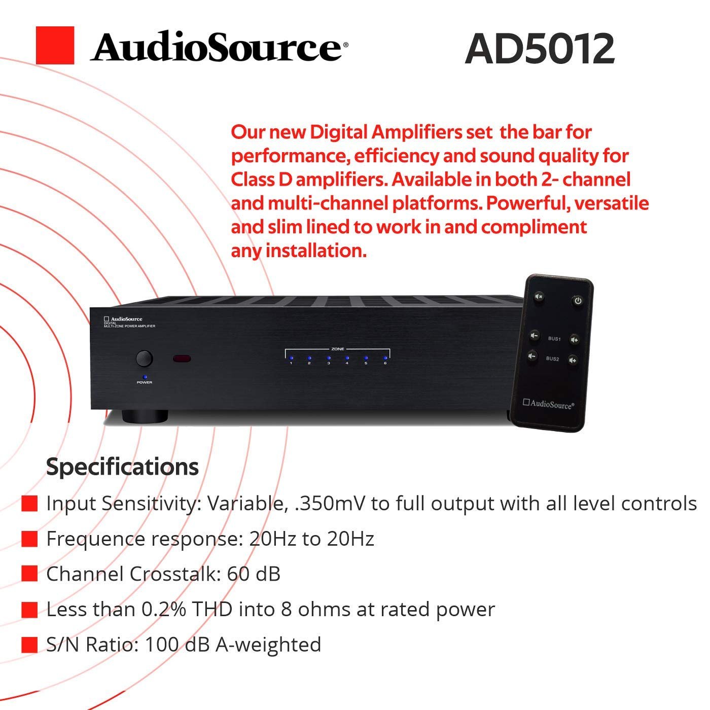 AudioSource Digital Amplifier, 12 Channel Stereo Versatility D Amplifier AD5012 for Home Sound Systems