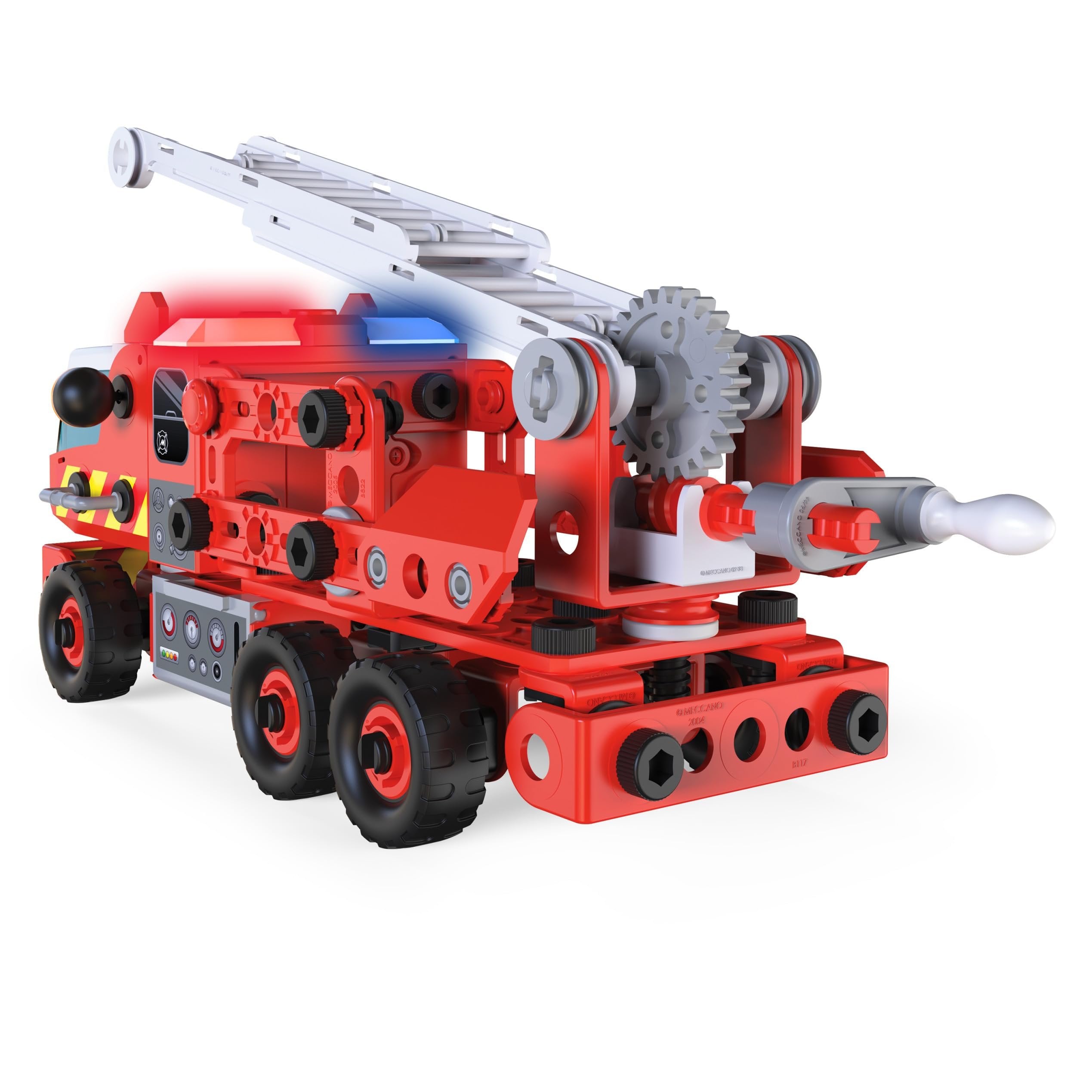 Meccano Fire Truck Toy Model Car Kit (152 pcs): Battery-Powered Siren Sound, Lights & Swiveling Ladder (Ages 5+) STEAM Vehicle Building Set with 2 Kid Construction Tools, 150 Snap-in Parts & Stickers