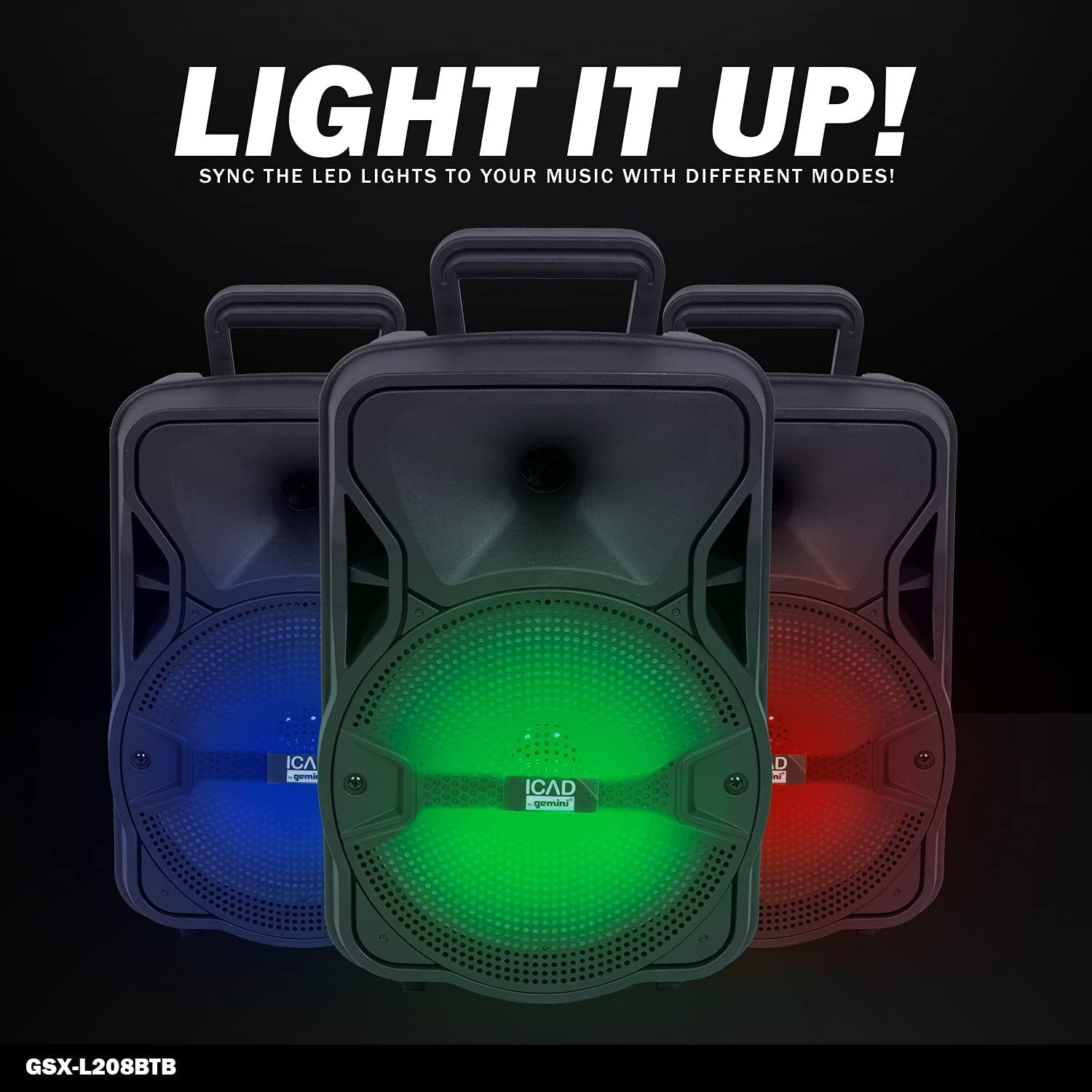 ICAD by Gemini GSX-L208BTB Wireless Rechargeable Portable Bluetooth LED Party Light Show 8" Inch Woofer Powered 500W Watts Peak PA System Karaoke Speaker w Micro SD USB and FM Radio Tuner, Microphone