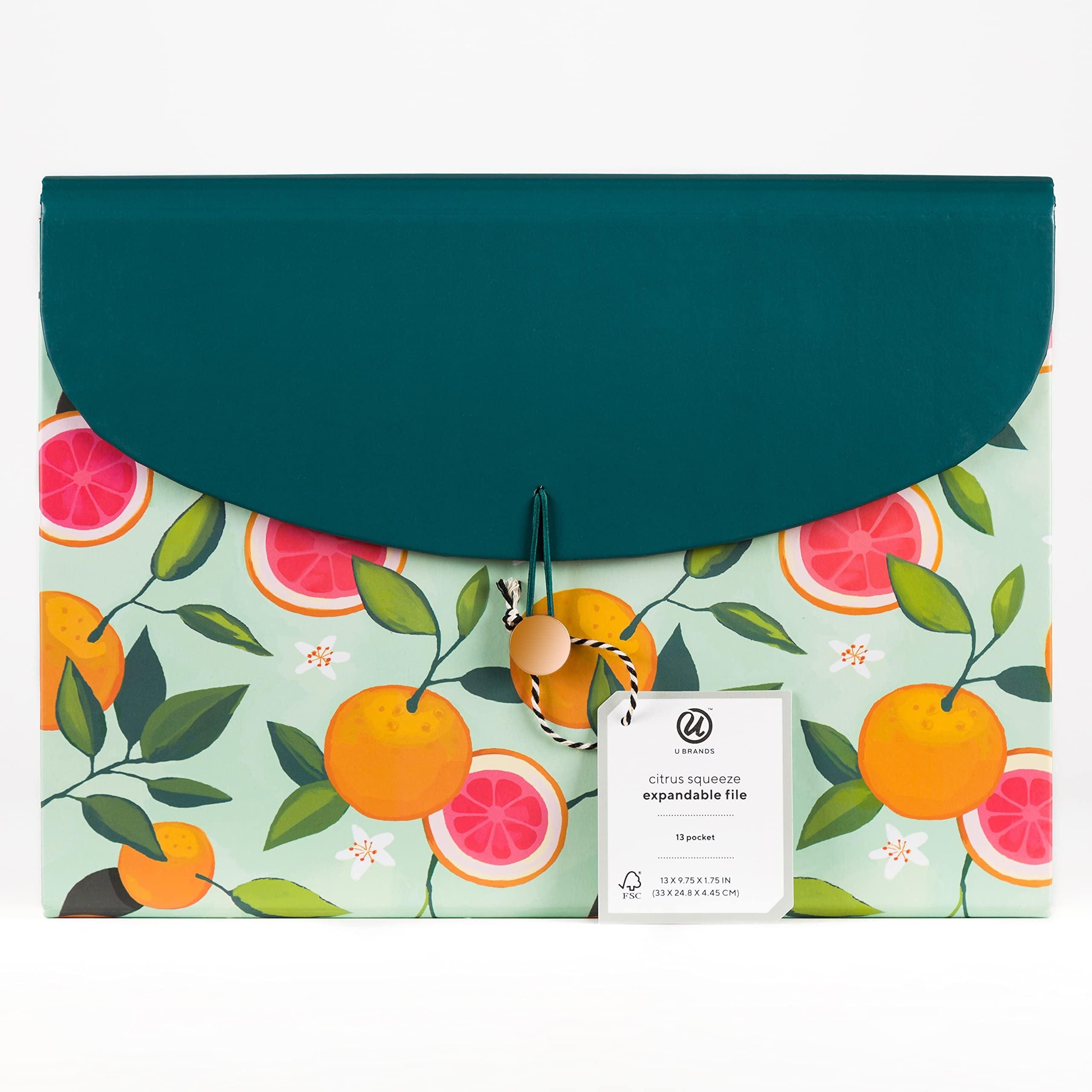 U Brands 13-Pocket Expanding File Folder, Office Supplies, Citrus Squeeze, Brass Hardware, FSC Certified