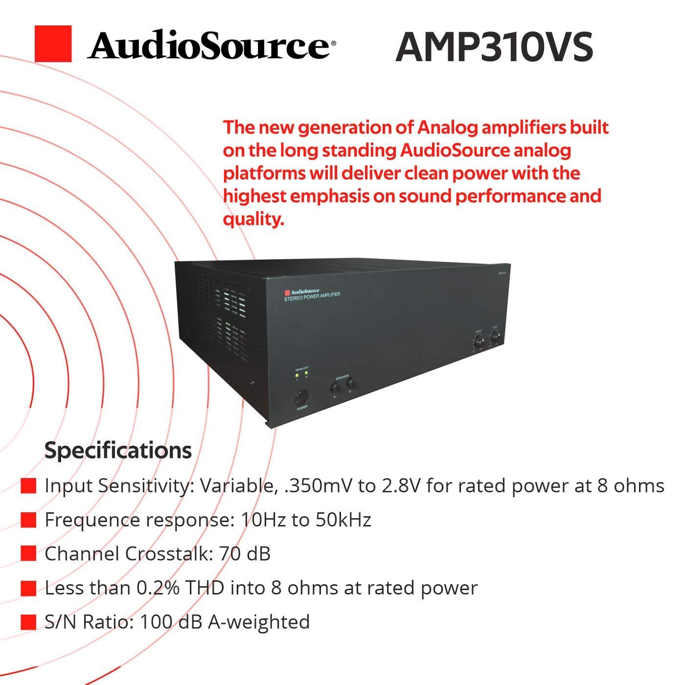AudioSource Analog Amplifier, Stereo More Power A Amplifier AMP310VS for Home Sound Systems