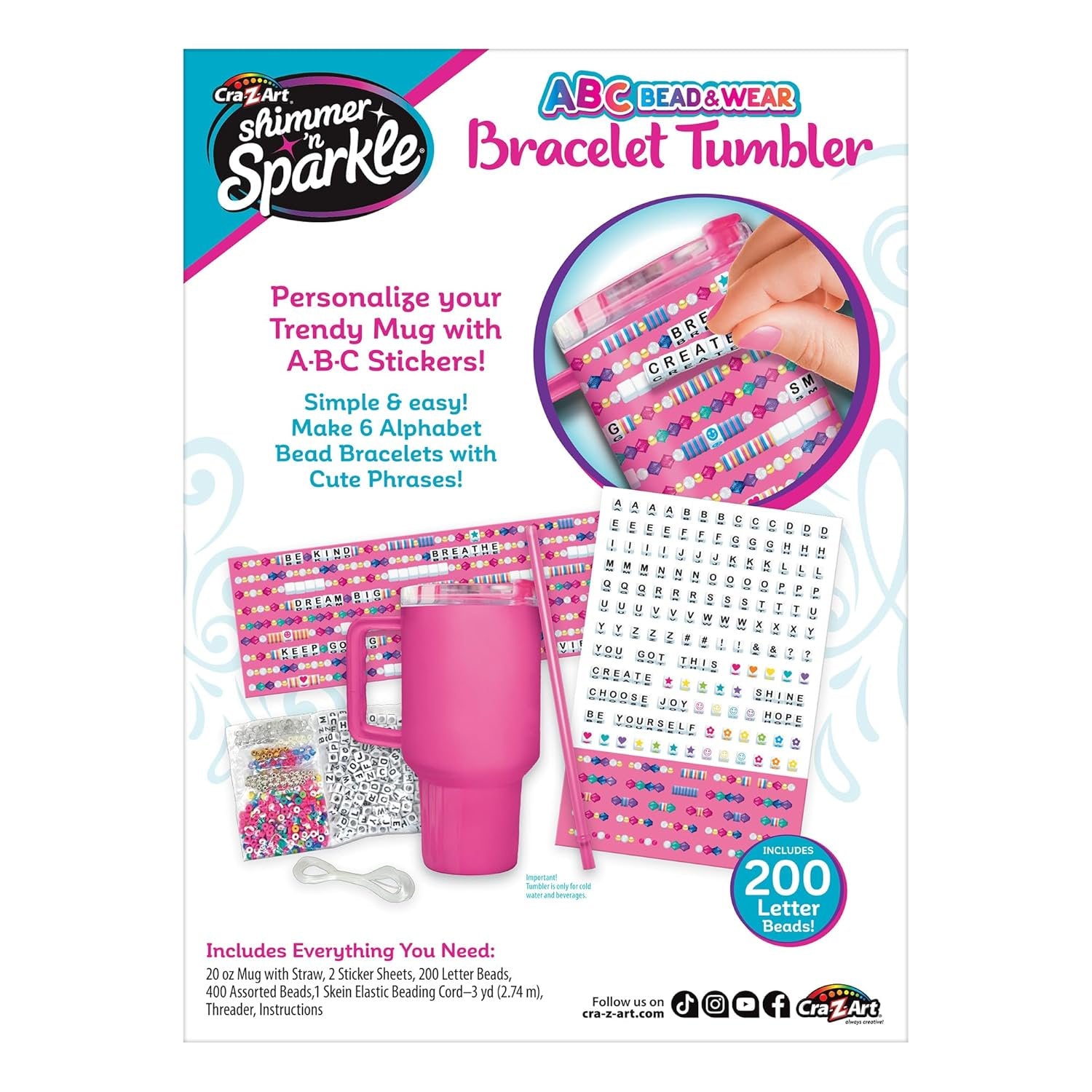 Cra-Z-Art Shimmer 'n Sparkle ABC Bead & Wear Bracelet Set with 20oz Tumbler - Make 6 Alphabet Bead Bracelets and Decorate Your 20oz Tumbler with Sticker Alphabet Beads - Kids Water Bottle for School