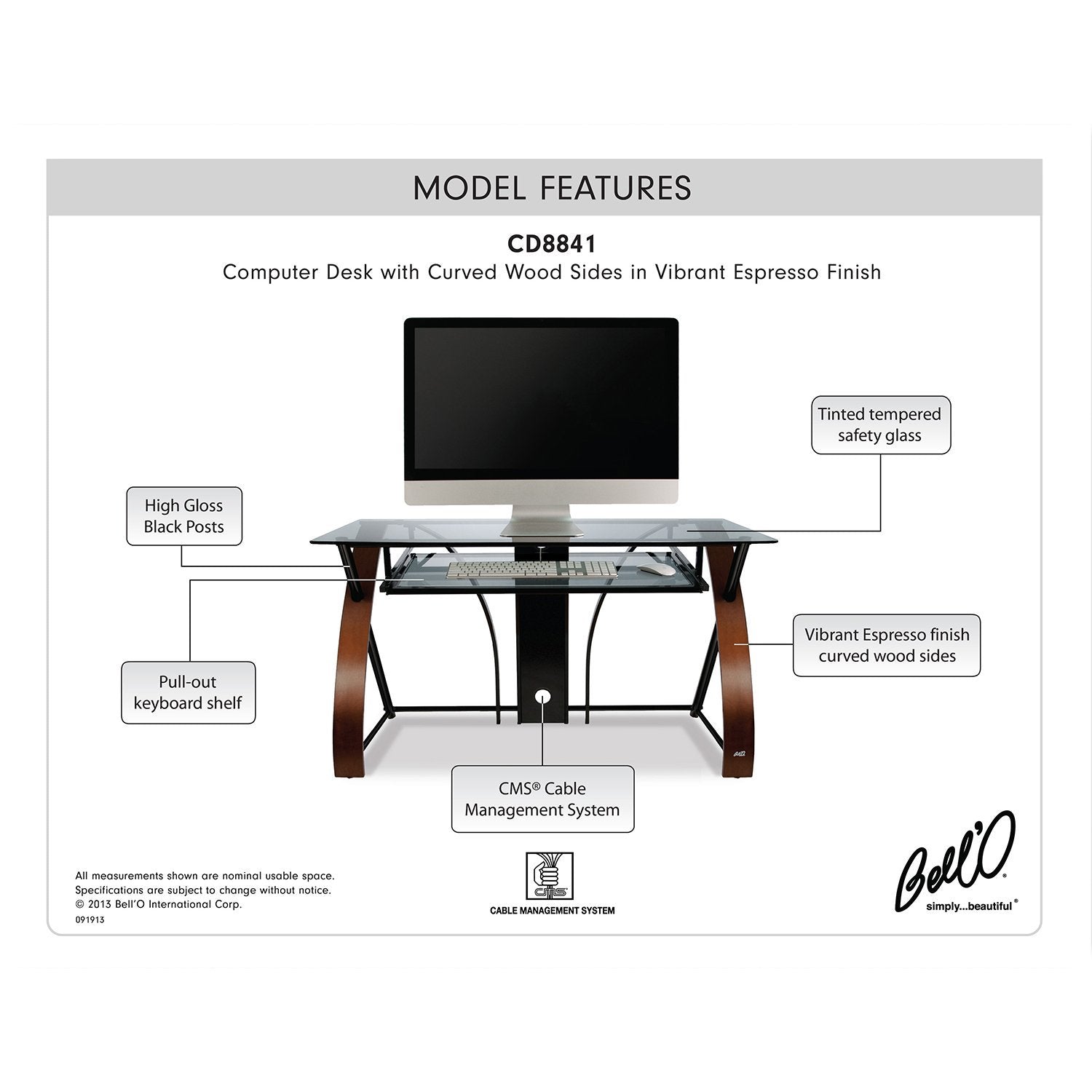 Bell'O Computer Desk with Keyboard Tray, Espresso/Black