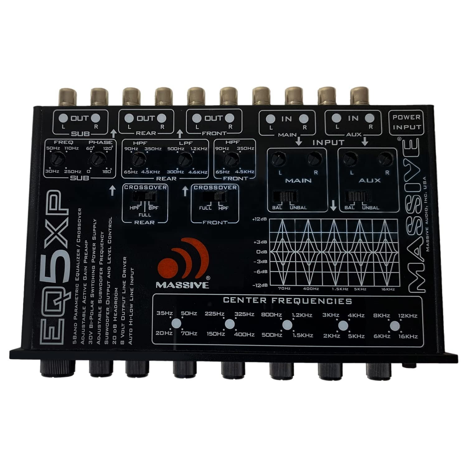 Massive Audio EQ5XP - 5 Band Car Audio Parametric Equalizer and Crossover with Active Front Stage, 6 Channel Output for Quick subwoofer Control and a bandpass Crossover for Your Rear Channels