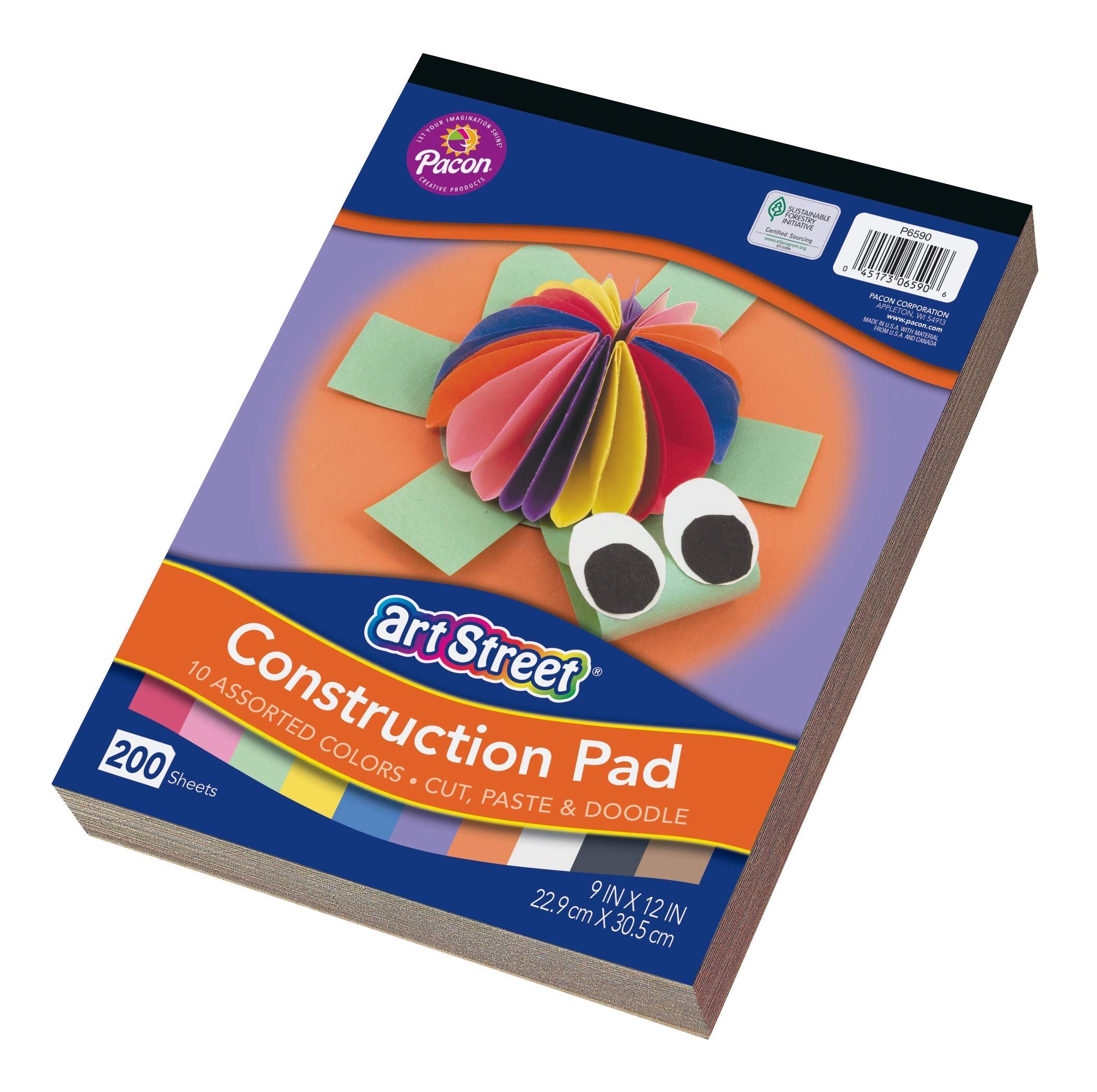 Pacon PAC6590 Construction Paper Pad, 9" x 12", Colors may vary, 200 Sheets