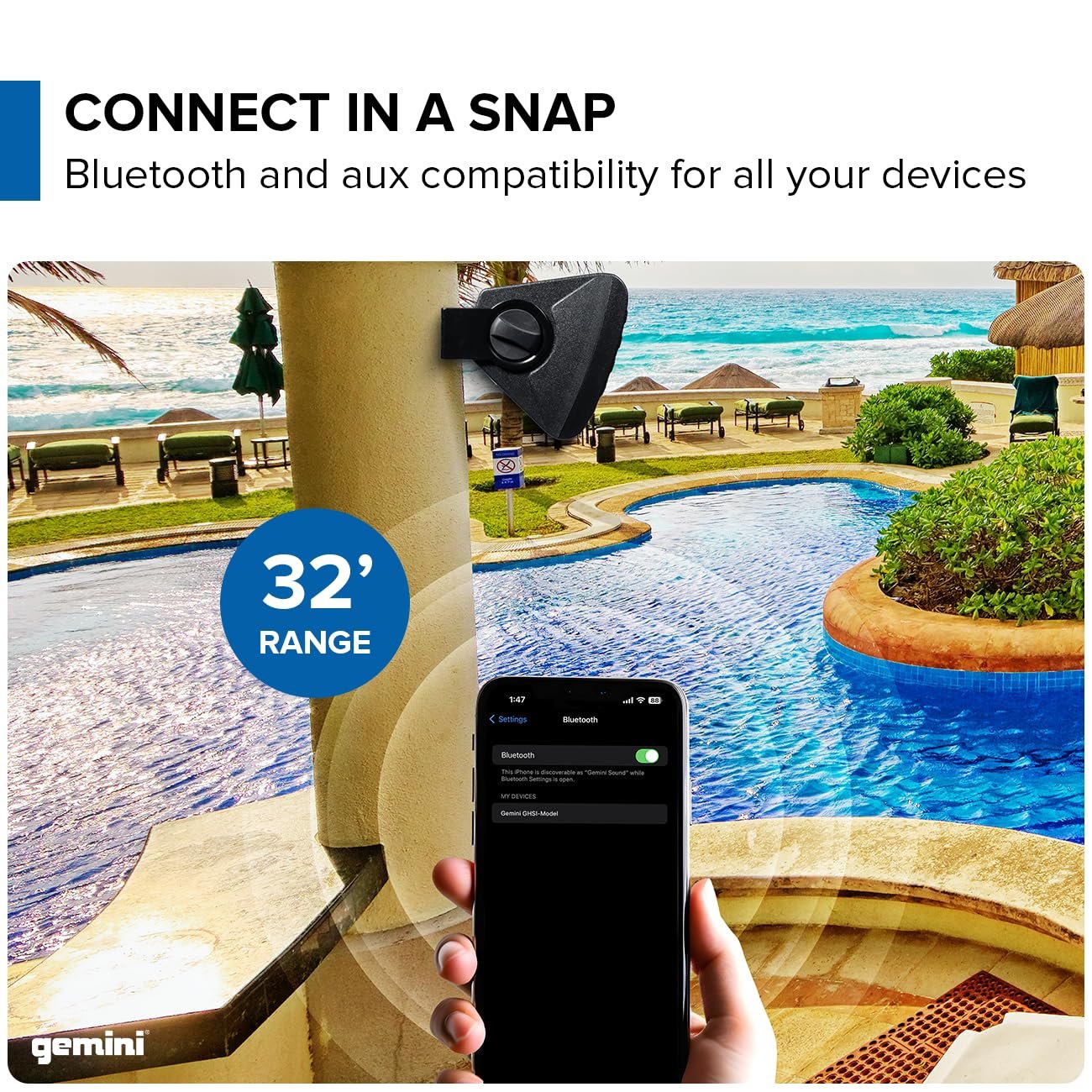 Gemini Sound GHSI-W650BT-PR-BLK 6.5" Inch Powerfull Bass Woofer 300 Watt Peak Power Waterproof Bluetooth Wall & Ceiling Mount Wired Speakers Pair Easy Daisy Chain for Home Outdoor Pool & Patio, Black