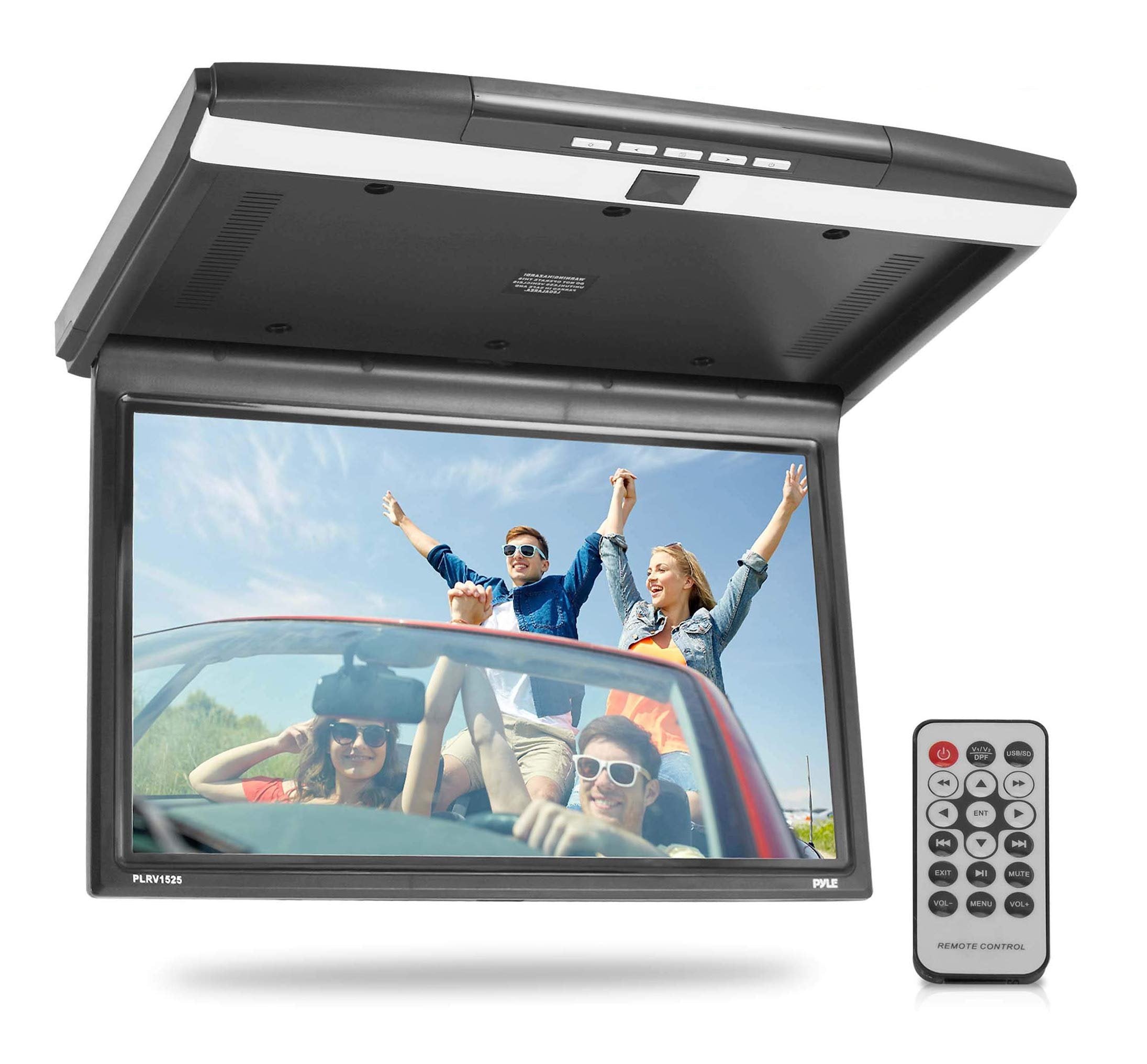 Pyle 15.6-Inch Overhead Flip-Down Car Monitor - Hi-Res 1680x800p Widescreen Car Roof Mount Monitor, Vehicle Flip Down Overhead Screen w/IR, FM Transmitter, USB/SD, HDMI, AV, Stereo Speaker -PLRV1525