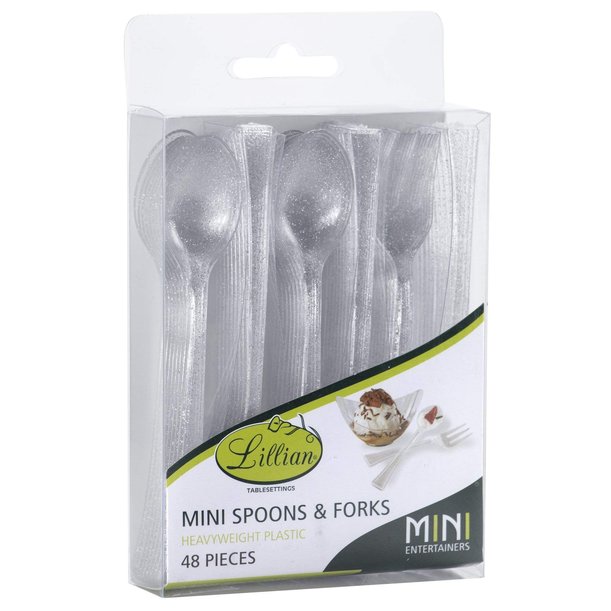 Lillian Collection Unique Mini Glitter Silver Premium Plastic Forks & Spoons - Packs of 48 - Perfect for Upscale Events & Parties