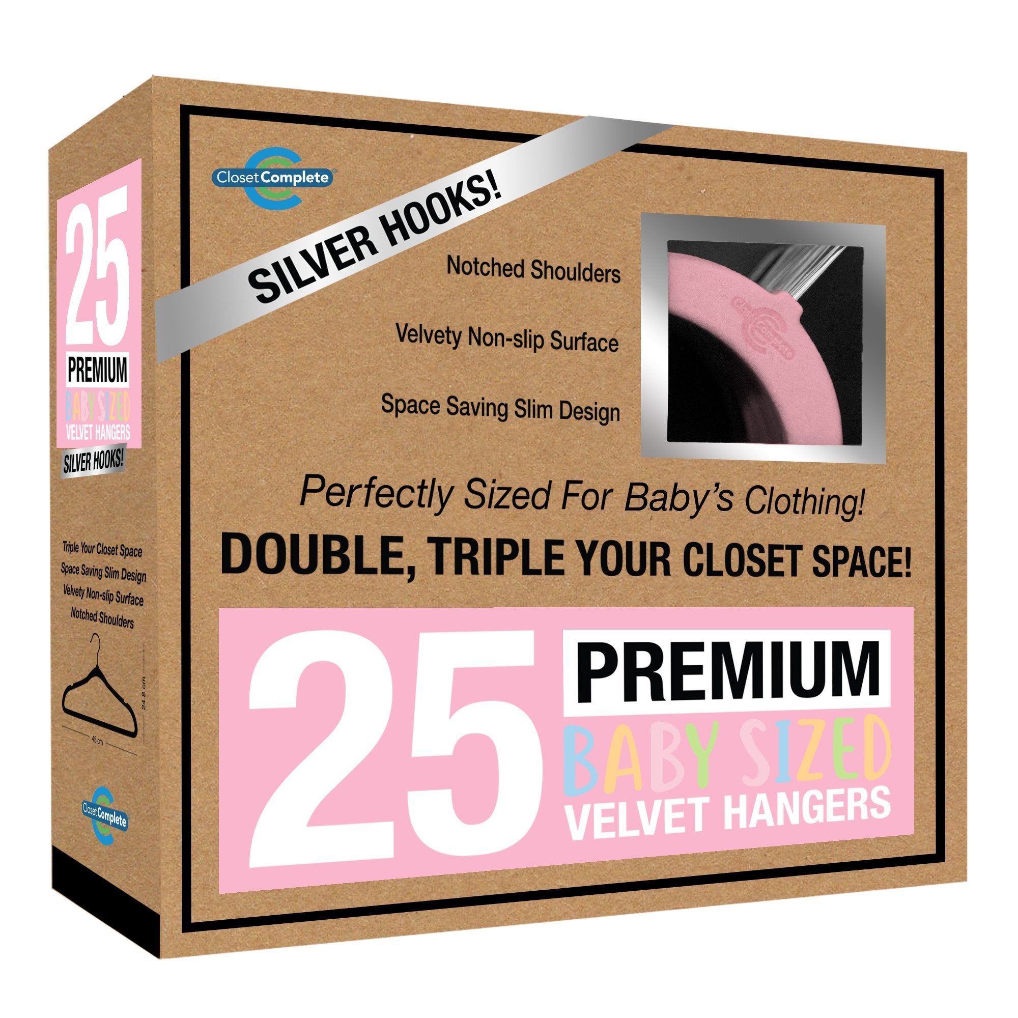 Closet Complete Baby Velvet Hangers, Premium Quality, True-Heavyweight, Virtually-UNBREAKABLE, Ultra-Thin, Space Saving No-Slip, Perfect Size for Babies 0-48 months 360° SPIN, Chrome Hooks, Pink, 25 pc