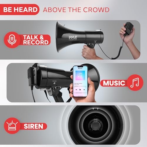 Pyle Megaphone Speaker PA Bullhorn with Built-in Siren 50 Watts & Adjustable Volume Control Ideal for Football, Baseball, Hockey, Cheerleading Fans & Coaches or for Safety Drills - PMP53IN