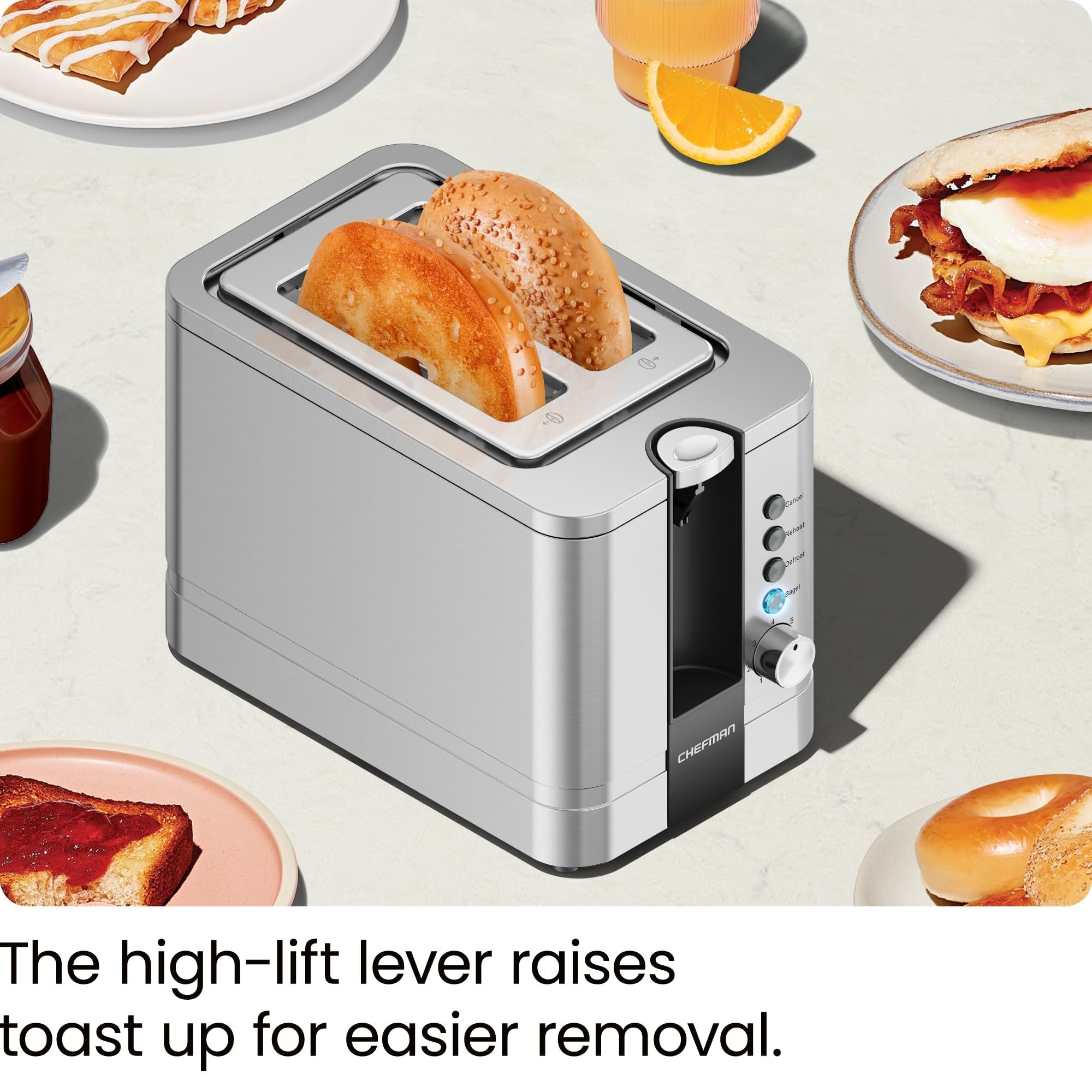 Chefman 2-Slice Pop-Up Stainless Steel Toaster w/ 7 Shade Settings, Extra Wide Slots for Toasting Bagels, Defrost/Reheat/Cancel Functions, Removable Crumb Tray, 850W, 120V, Silver