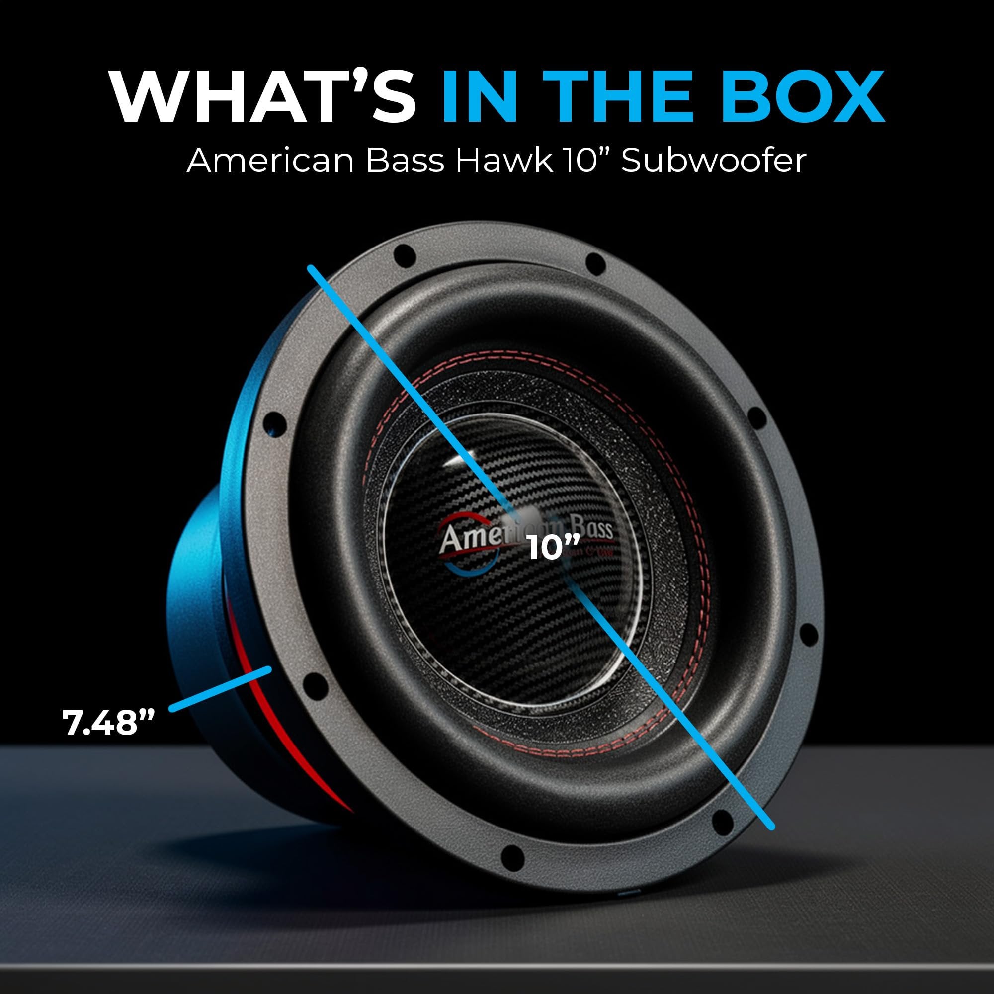 American Bass Hawk 10” Subwoofer, 3000W Max / 1500W RMS, Dual 4 Ohm, 3” Voice Coil, 240oz Magnet, High Power SPL Competition Subwoofer Car Audio Driver with Cast Basket and Heat Sync Cooling