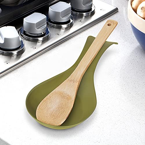 OGGI Stainless Steel Spoon Rest- Long Handle Holds Kitchen Utensils in Place, Great Spoon Rest for Kitchen Counter, Stove Top, or Coffee Station; Kitchen Accessories, Utensil Rest, Olive