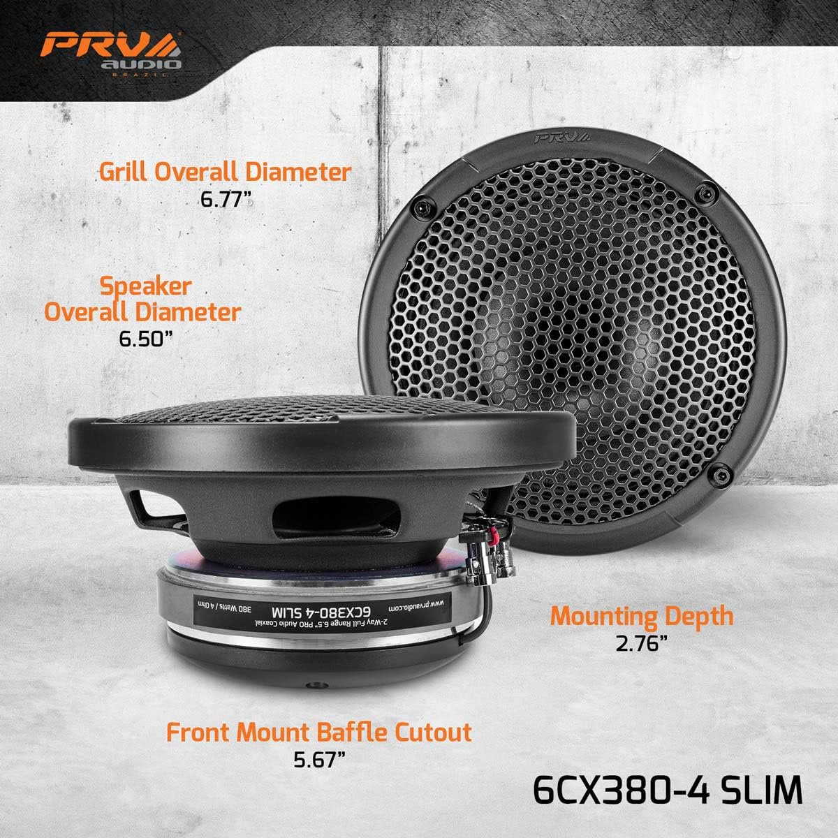 PRV AUDIO 6.5" Shallow Coaxial Car Audio Speaker 6CX380-4 Slim Loudspeaker with Built-in Tweeter Driver and Grill Included 380 Watts 4 Ohm (Single)