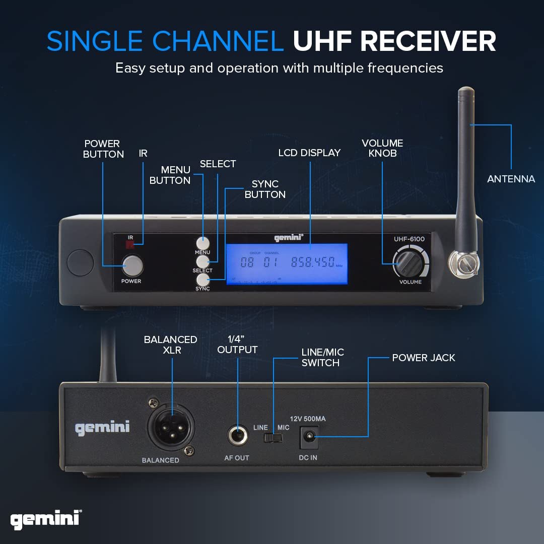 Gemini, Single Wireless Microphone System, Professional Handheld Long Range (150 Ft) Mic Set for DJ, Church, Karaoke, Gym, XLR Connector, 1 microfono (UHF-6100M-R2)