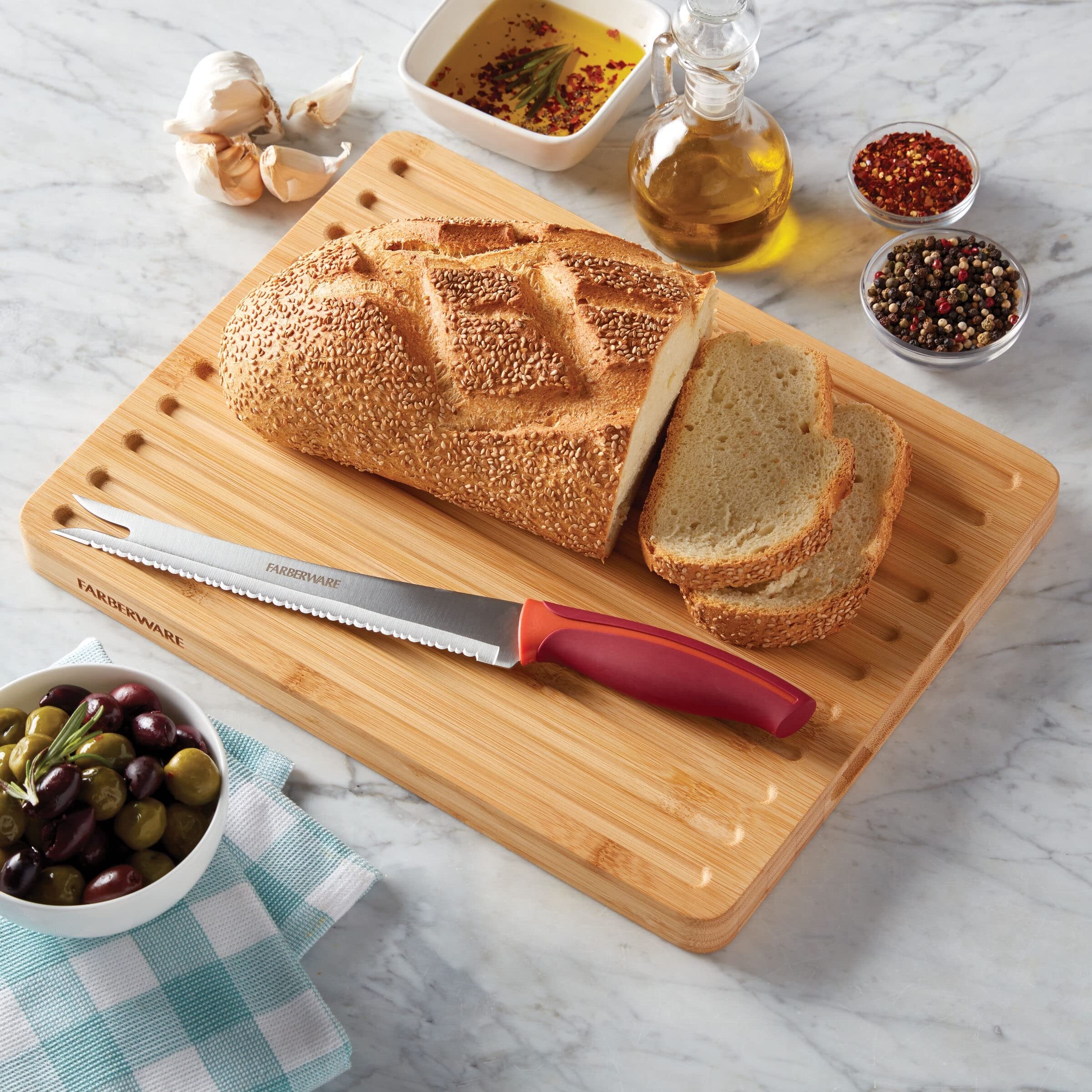 Farberware Slice Bread Knife Ultra-Sharp Serrated Blade, Ergonomic Soft-Grip Handle, Ideal for Precise Cutting, 8 inch, Maroon