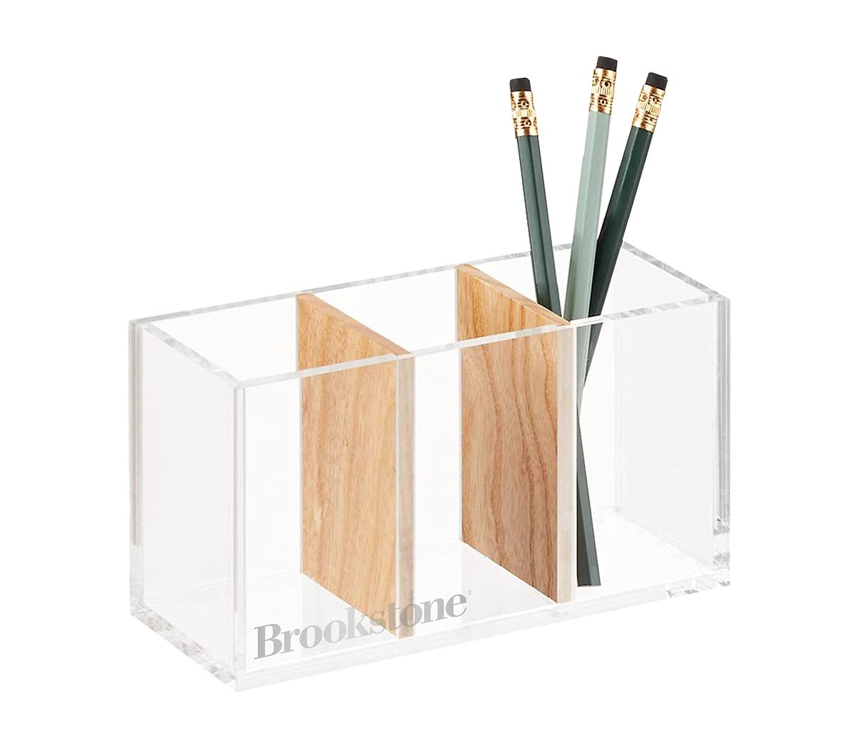 BROOKSTONE, Acrylic Organizer with Removable Dividers for Office Desk or Makeup Stationary, Modern Design