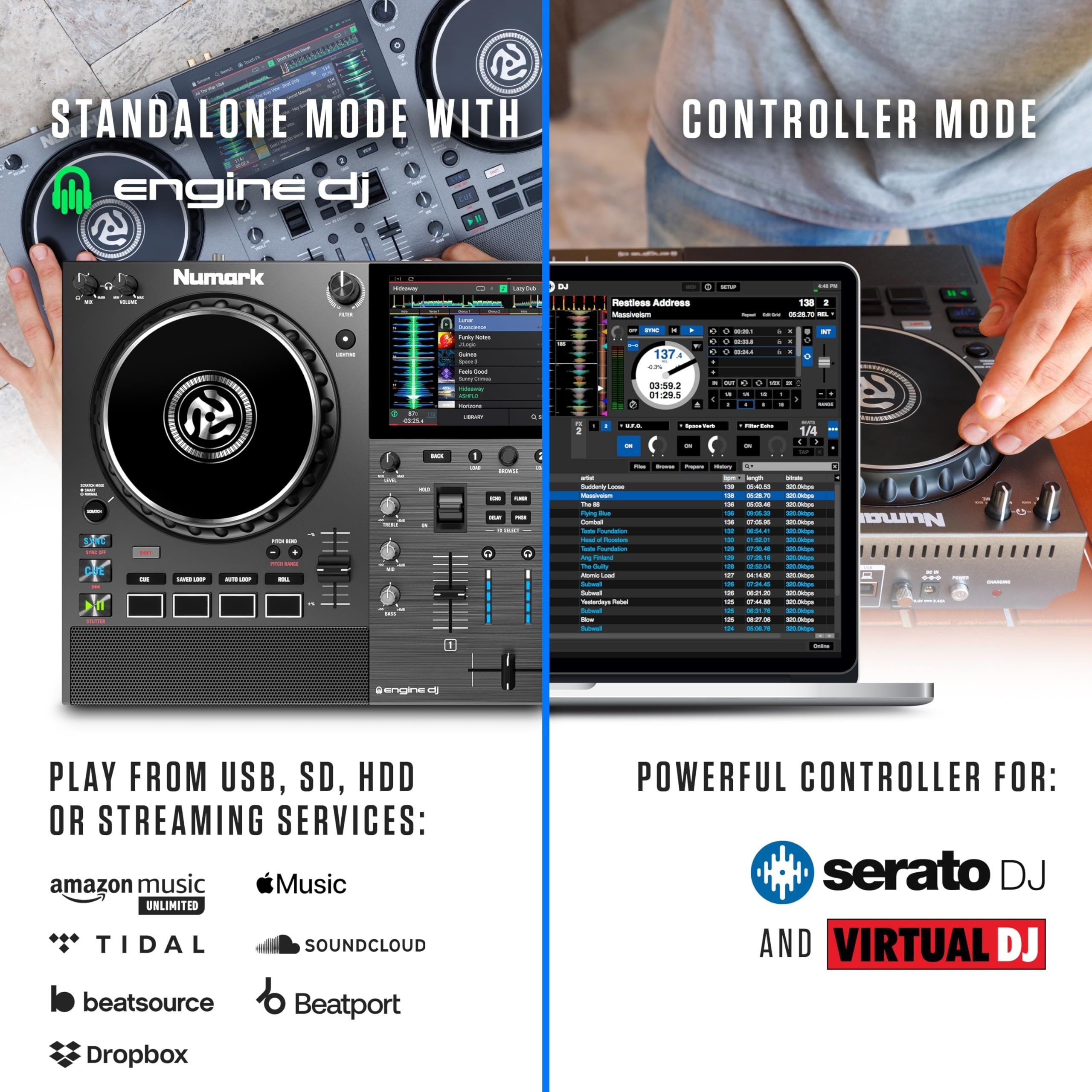 Numark Mixstream Pro Go Portable DJ Controller with Battery, Mixer with Stem Separation, Speakers, WiFi Streaming, Touchscreen, works with Serato DJ