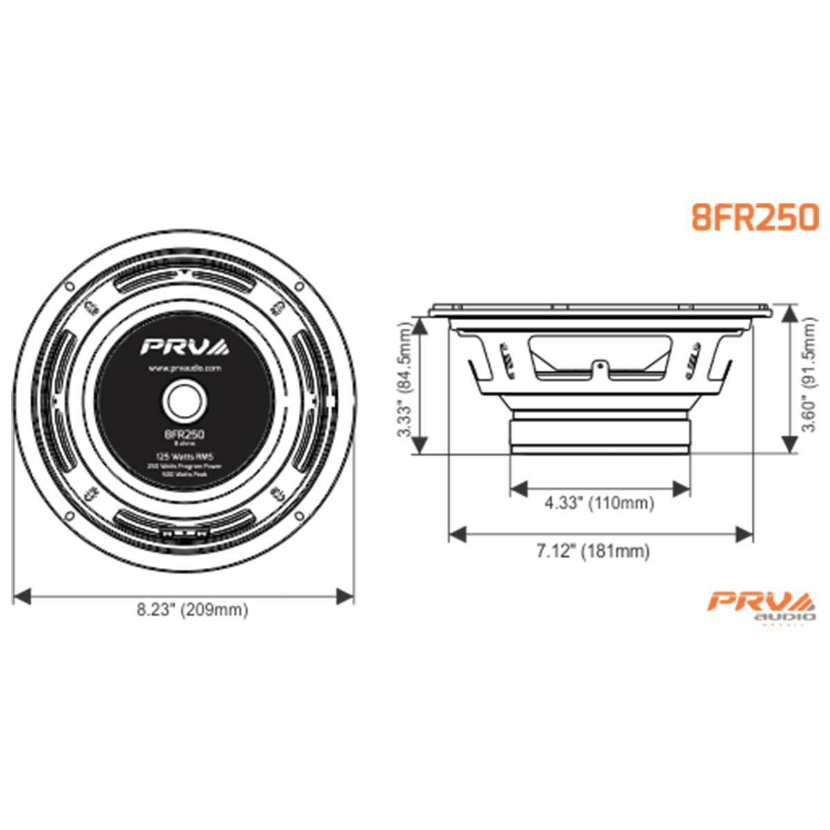 PRV AUDIO 8FR250 8 Inch Full Range Speaker, 8 Ohms, 250 Watts Continuous Program Power, 125 Watts RMS Power, 93.5 dB, Full-Range Driver Loudspeaker for Pro Audio Systems (Single)