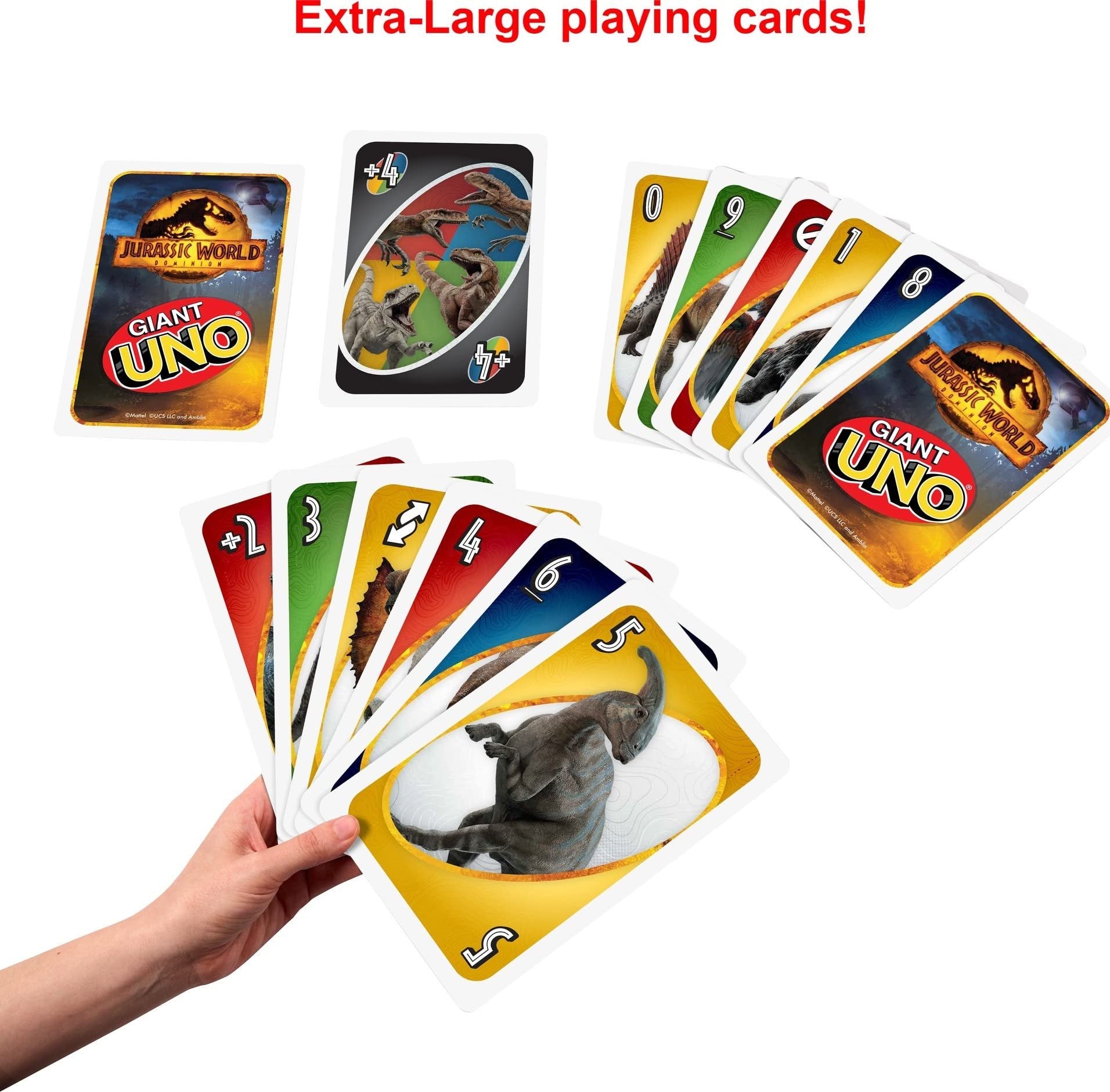 Mattel Games Giant UNO Jurassic World Domination Card Game for Kids & Game Night, Oversized Cards & Customizable Wild Cards