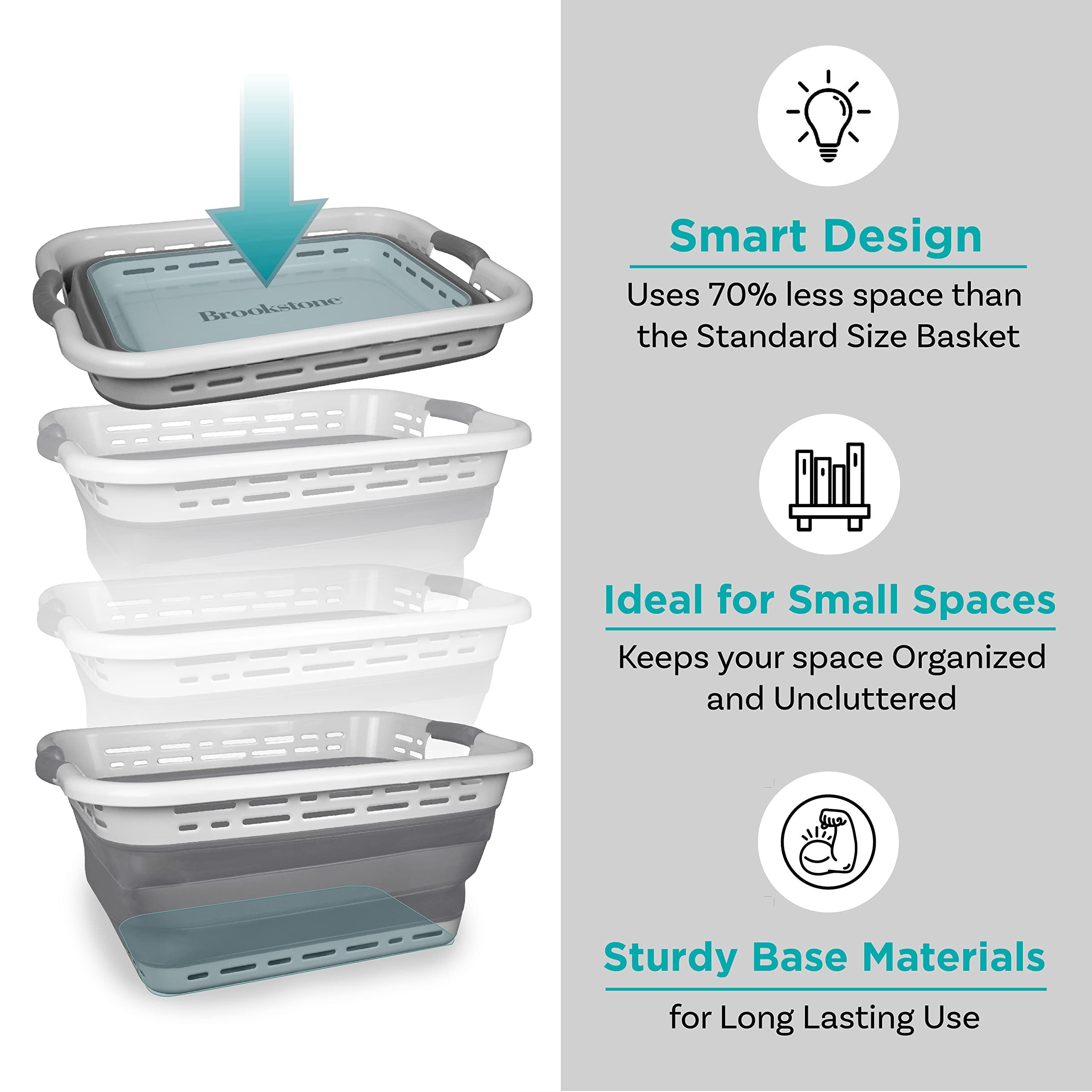 BROOKSTONE, Collapsing Laundry Basket, [LEAVE ADHESIVE IN PLACE TO AVOID RESIDUE], Comfort Grip Handles, Smart Space Saving Structure, Portable Pop Up Storage Box, only 3 Inches High When Folded