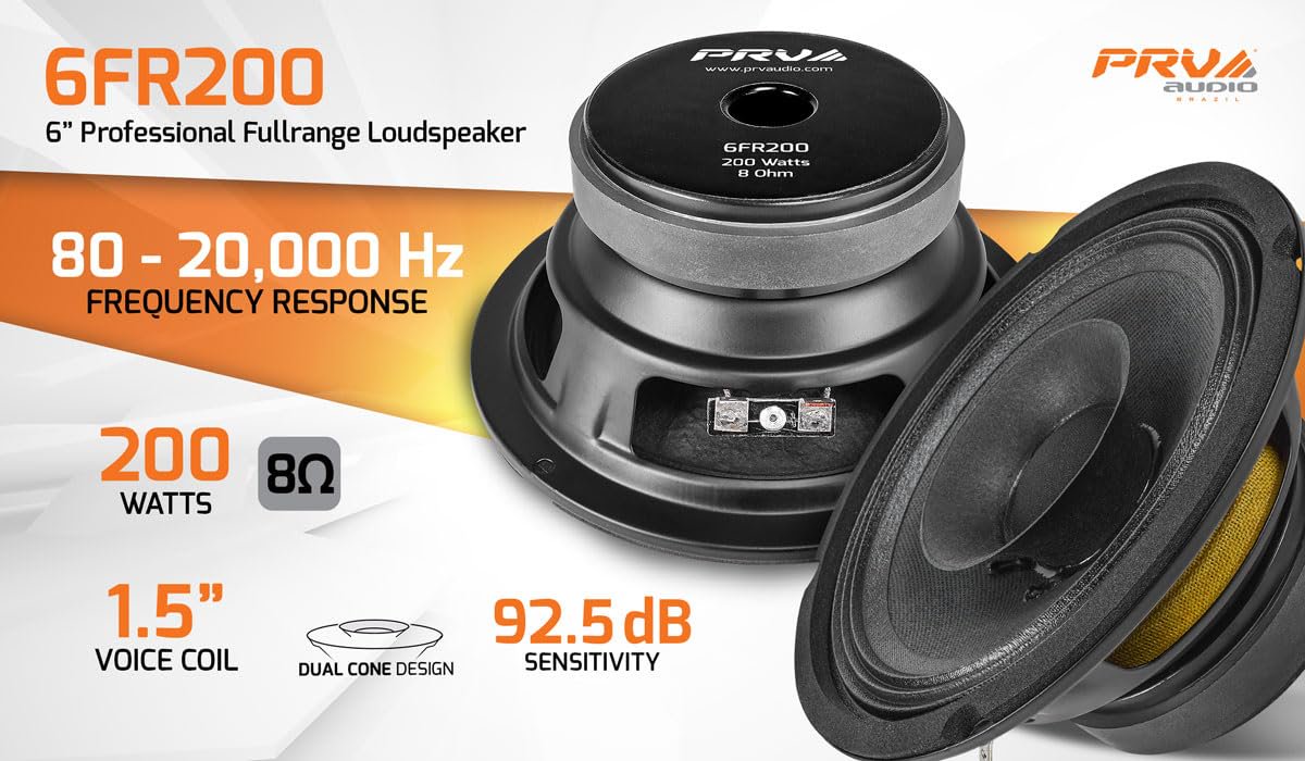 PRV AUDIO 6FR200 6 Inch Full Range Speaker, 8 Ohms, 200 Watts Continuous Program Power, 100 Watts RMS Power, 92.5 dB, Full-Range Driver, Loudspeaker for Pro Audio Systems (Single)