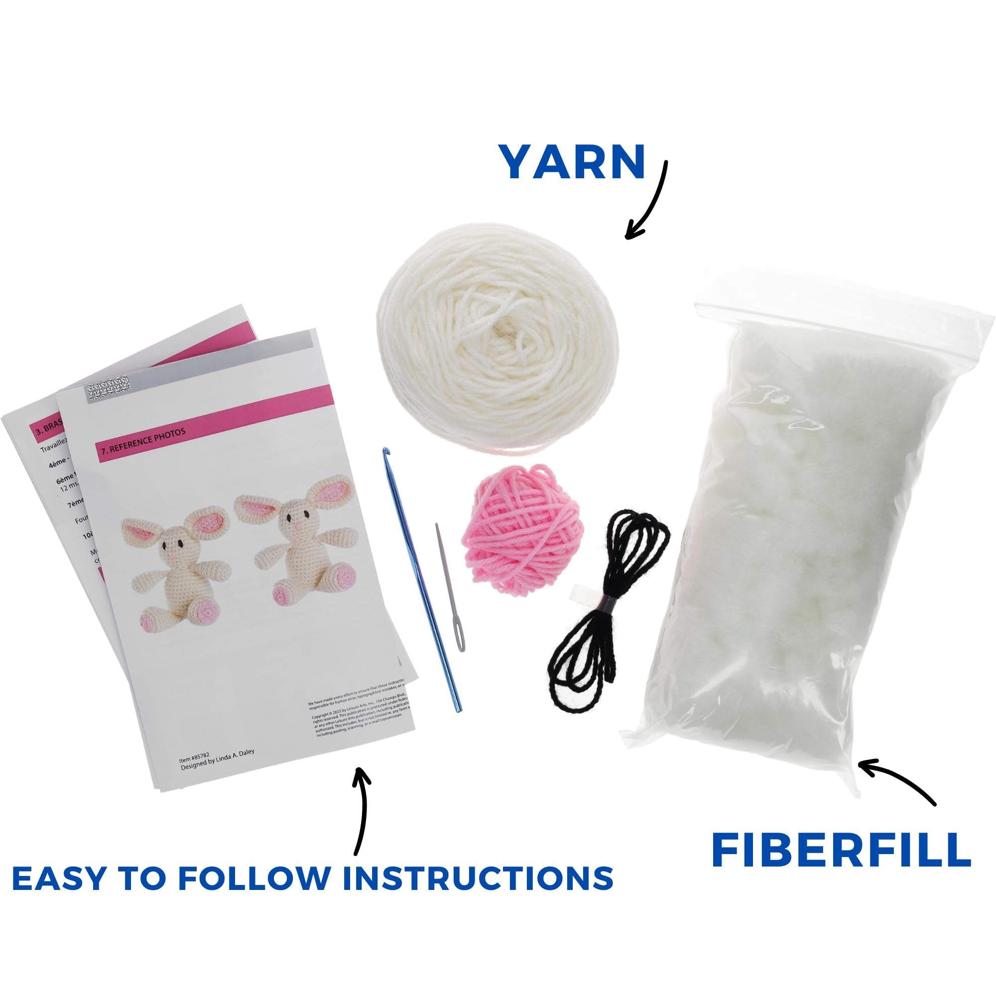 LEISURE ARTS - Crochet Kits, Friends Billie Bunny, 3", Crochet Kit for Beginners, Complete Kit, Animal Kits, Animal Kit, DIY Amigurumi Kits