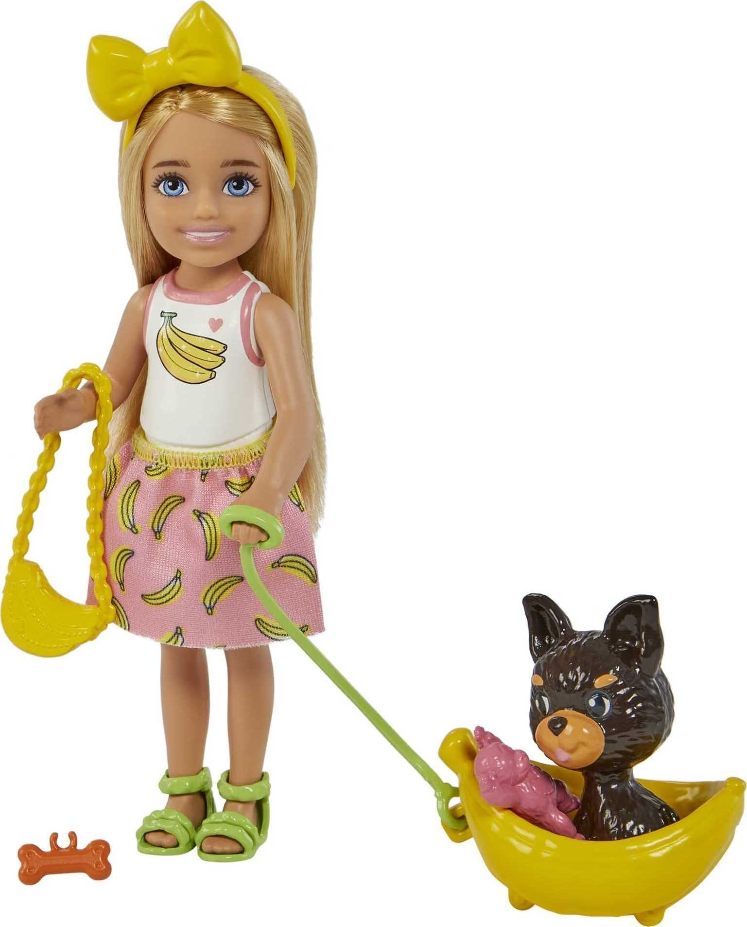 Barbie Chelsea Doll & Accessories, Blonde Small Doll with Removable Banana-Print Skirt, Puppy, Pet Bed & More