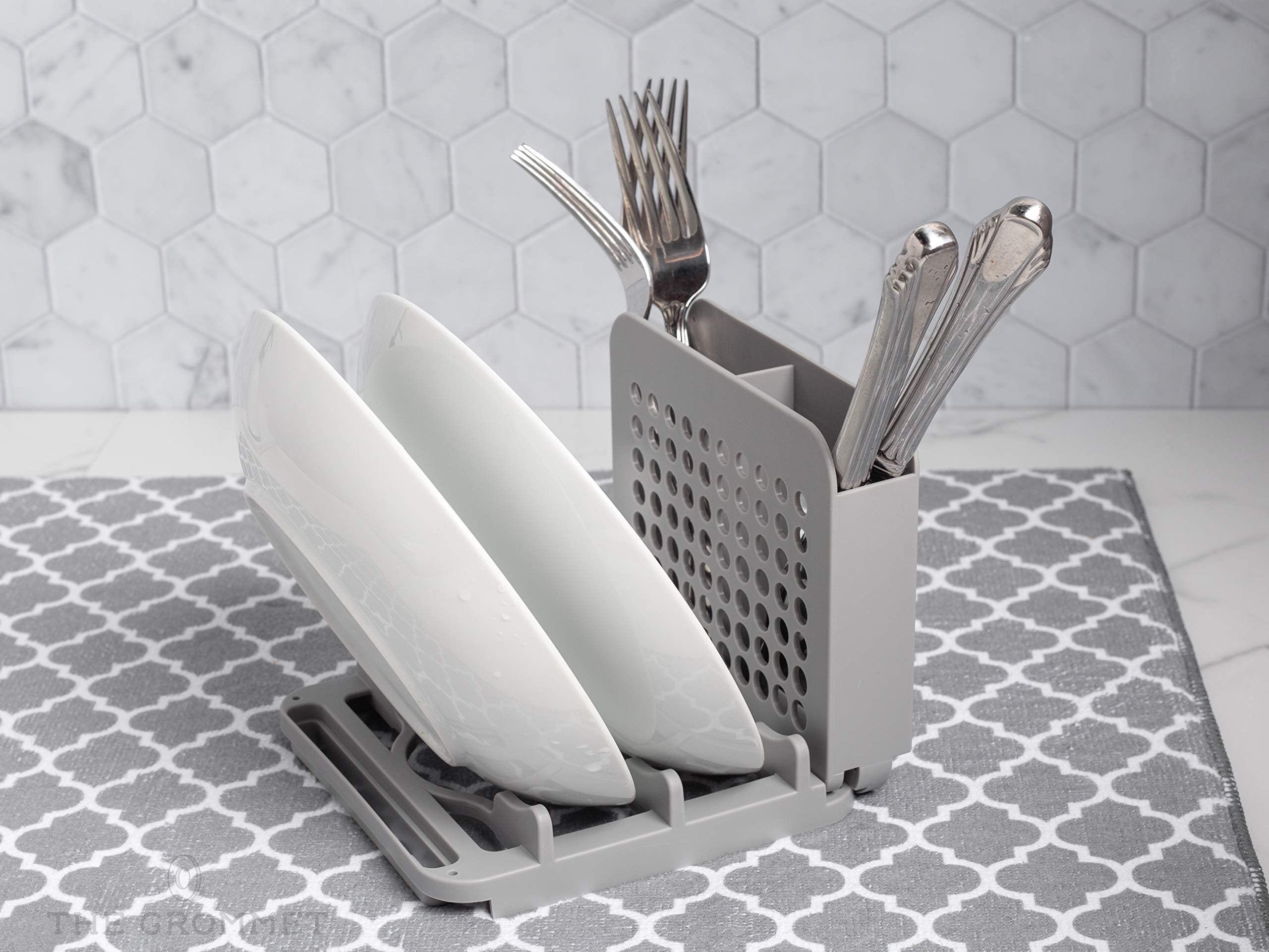 Compact Collapsible Dish Drying Rack and Ultra Absorbent Microfiber Mat. Drain and Air Dry 5 Plates, 2 Bowls and Silverware Without Dripping on Counters or Taking Up Lots of Space (Light Gray)