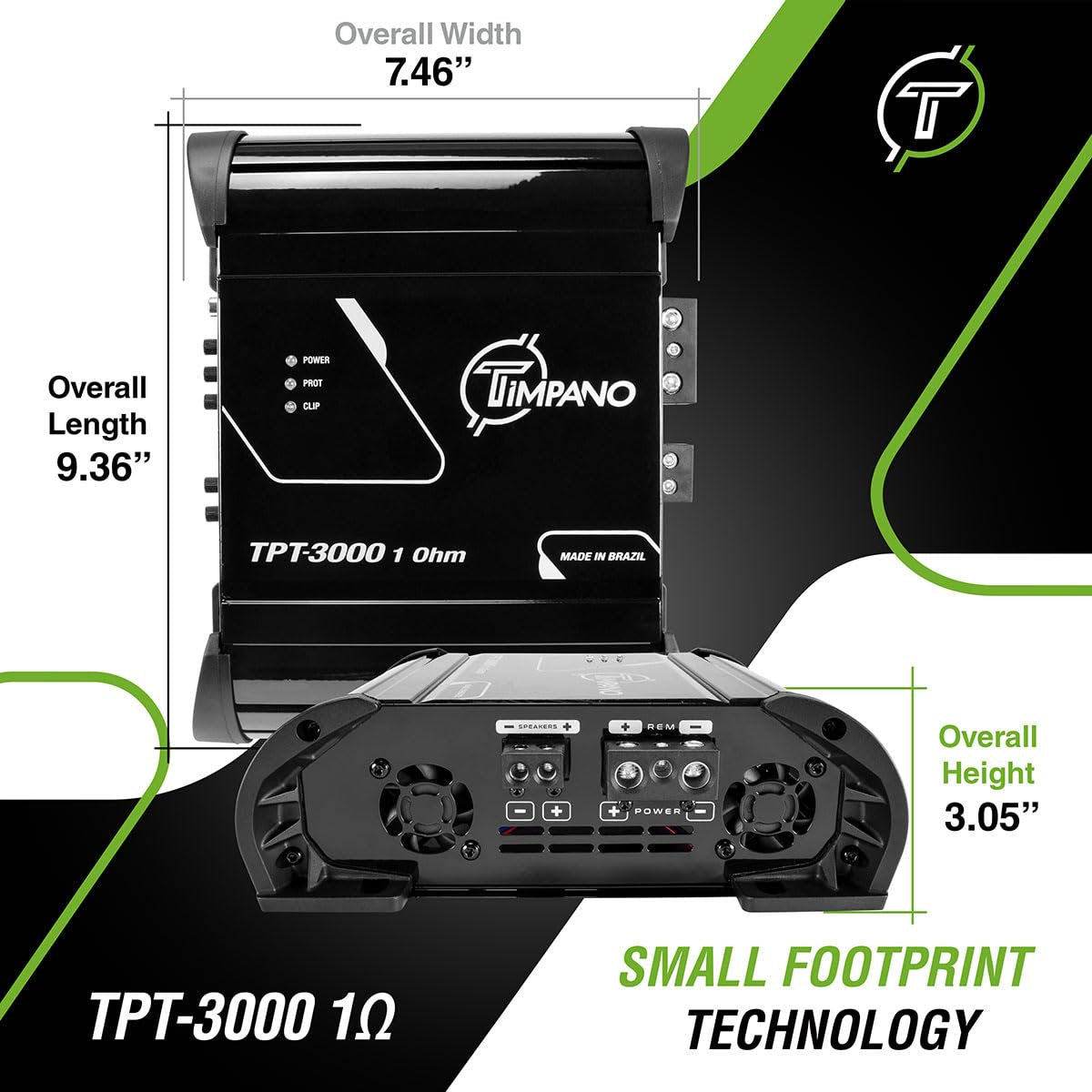 Timpano TPT-3000 1 Ohm Compact Amplifier 3000 Watts, 1 Channel, Full Range Amp Class D for Car Speakers, Loudspeakers, Drivers and Tweeters on Car Audio Systems