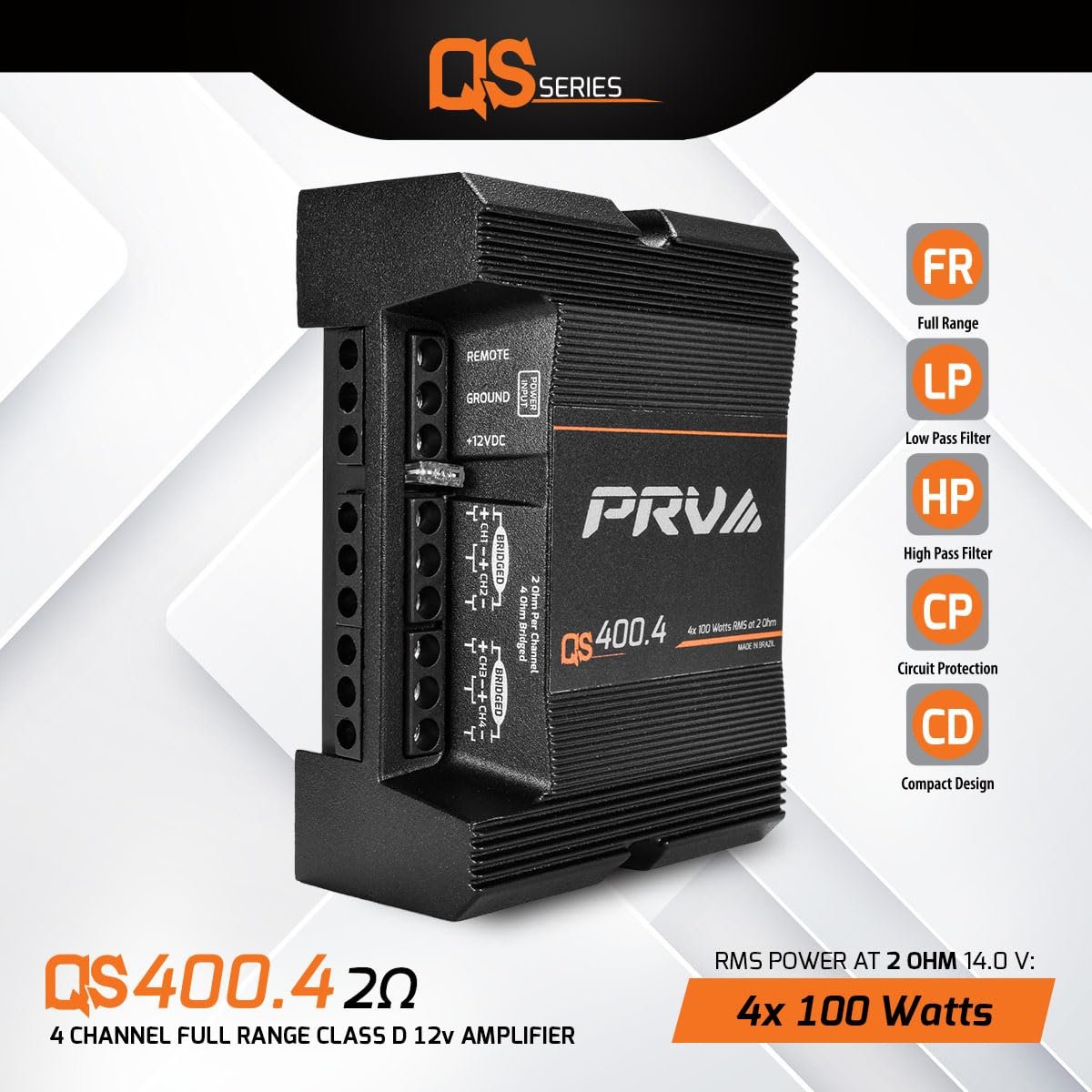 PRV Audio QS400.4 2 Ohm Mini Compact 4 Channel Car Audio Amplifier 4 x 100 Watts RMS at 2 Ohm - 400 Watt Amp Stereo 12 Volts Amp Class D Full Range Bridgeable