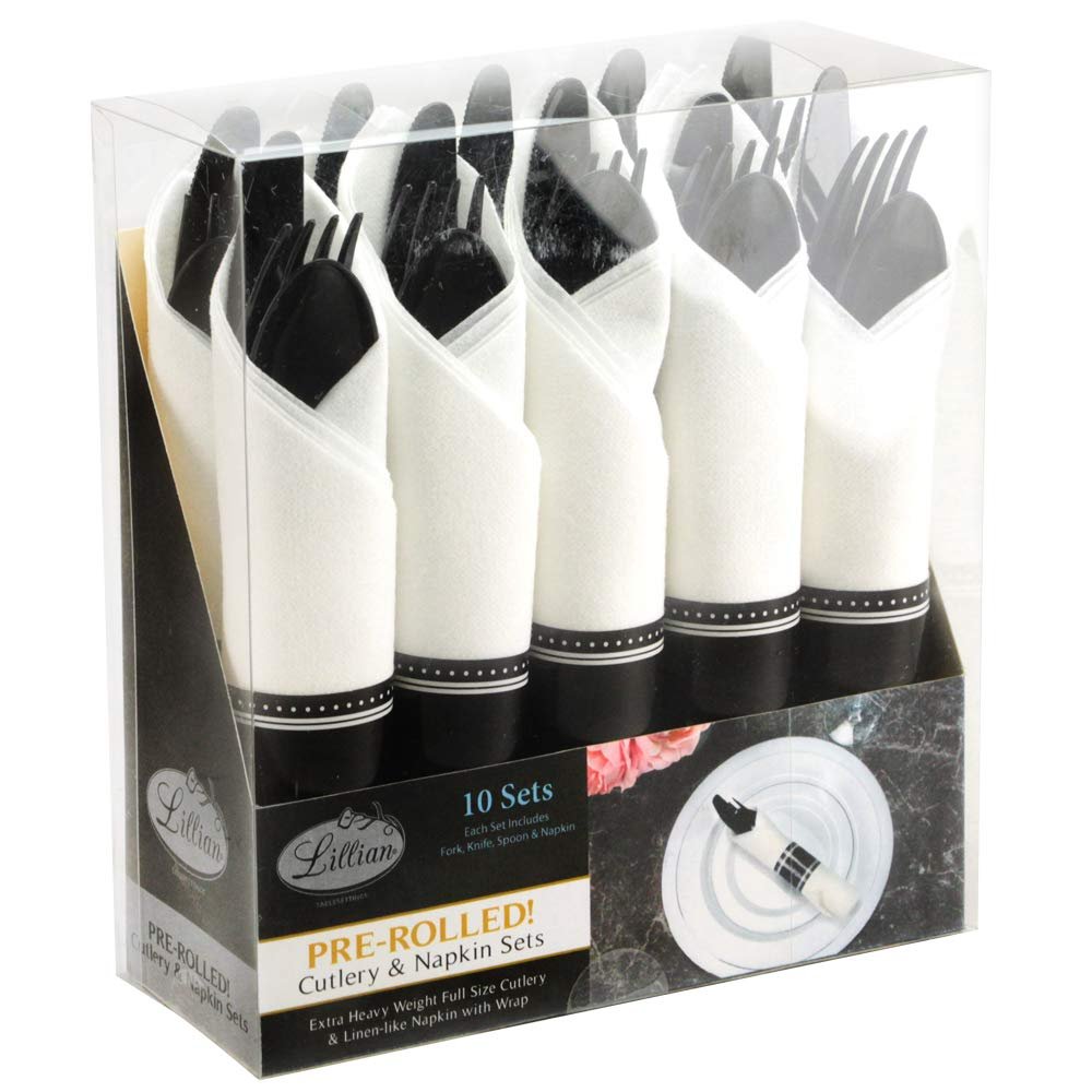 Pre-Rolled Cutleries & Napkins | Black & White | 10 Pcs
