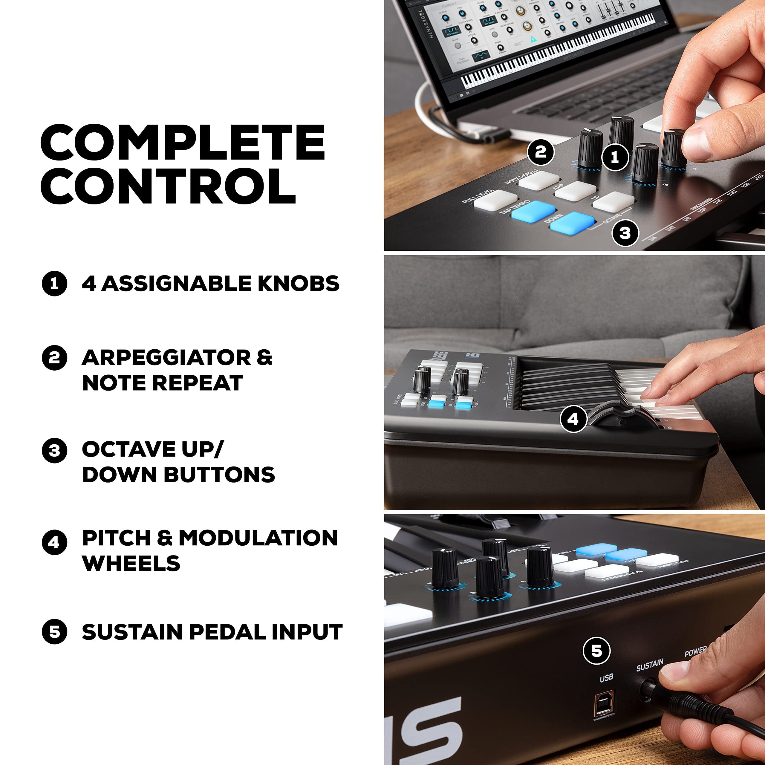 Alesis V25 MKII USB MIDI Keyboard Controller with 25 Velocity Sensitive Keys, 8 Full Level Pads, Arpeggiator, Pitch/Mod Wheel, Note Repeat and Software Suite,black