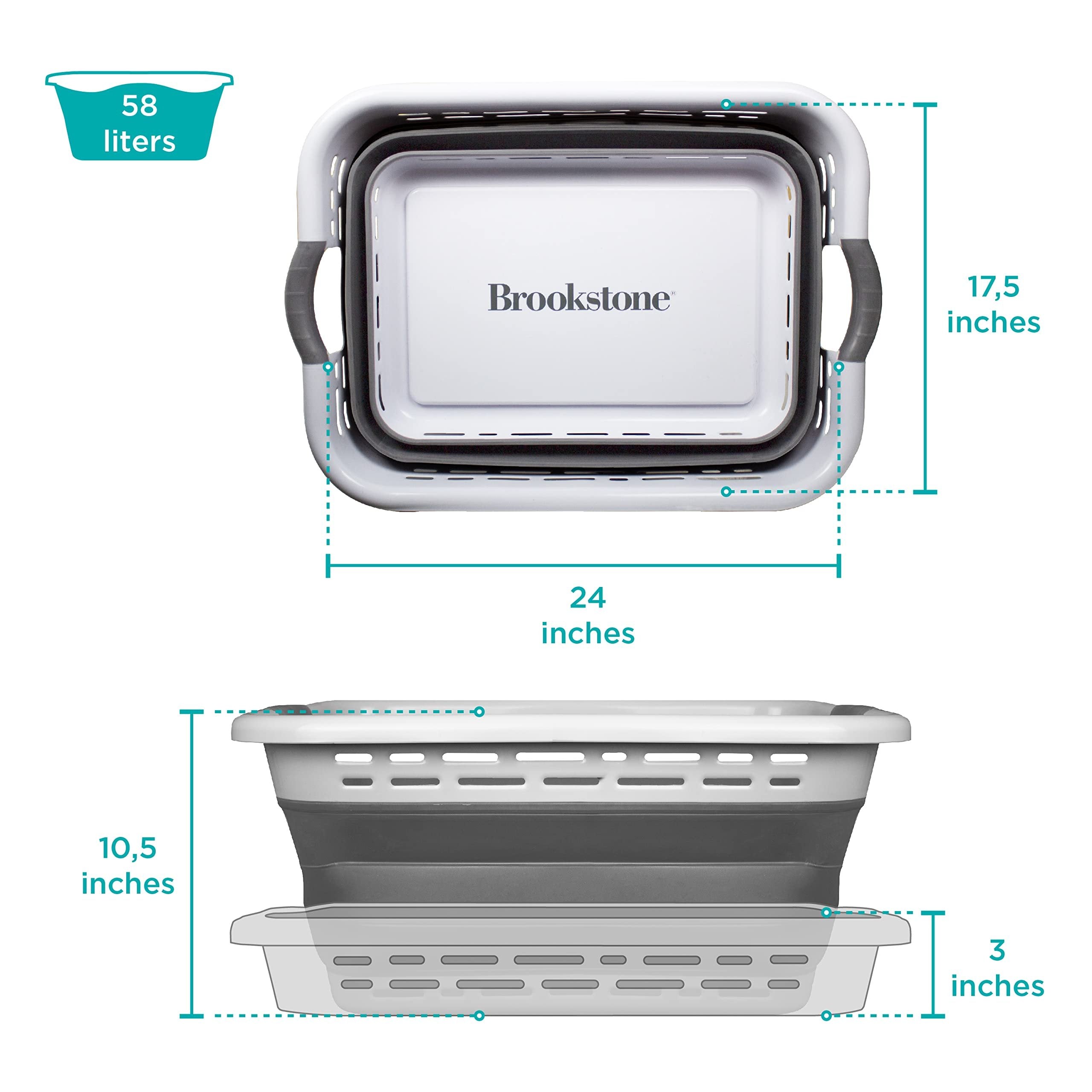 BROOKSTONE, Collapsing Laundry Basket, [LEAVE ADHESIVE IN PLACE TO AVOID RESIDUE], Comfort Grip Handles, Smart Space Saving Structure, Portable Pop Up Storage Box, only 3 Inches High When Folded