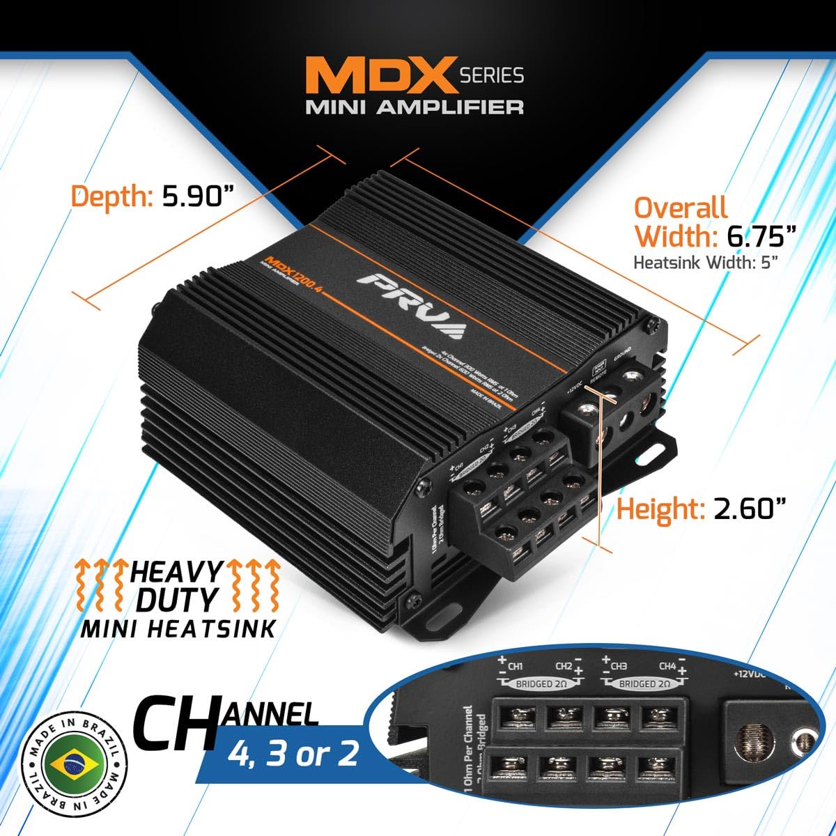 PRV Audio MDX1200.4 1 Ohm Mini 4 Channel Car Audio Amplifier 4 x 300 Watts RMS at 1 Ohm - 1200 Watt 12 Volts Bridgeable Amp for Powersports, Motorcycles, ATV, for High Power Stereo Speaker Systems