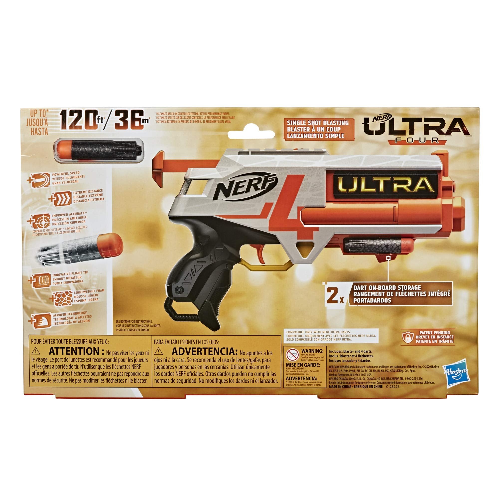 Nerf Ultra Four Dart Blaster - 4 Ultra Darts, Single-Shot Blasting, 2-Dart Storage - Compatible Only Ultra Darts