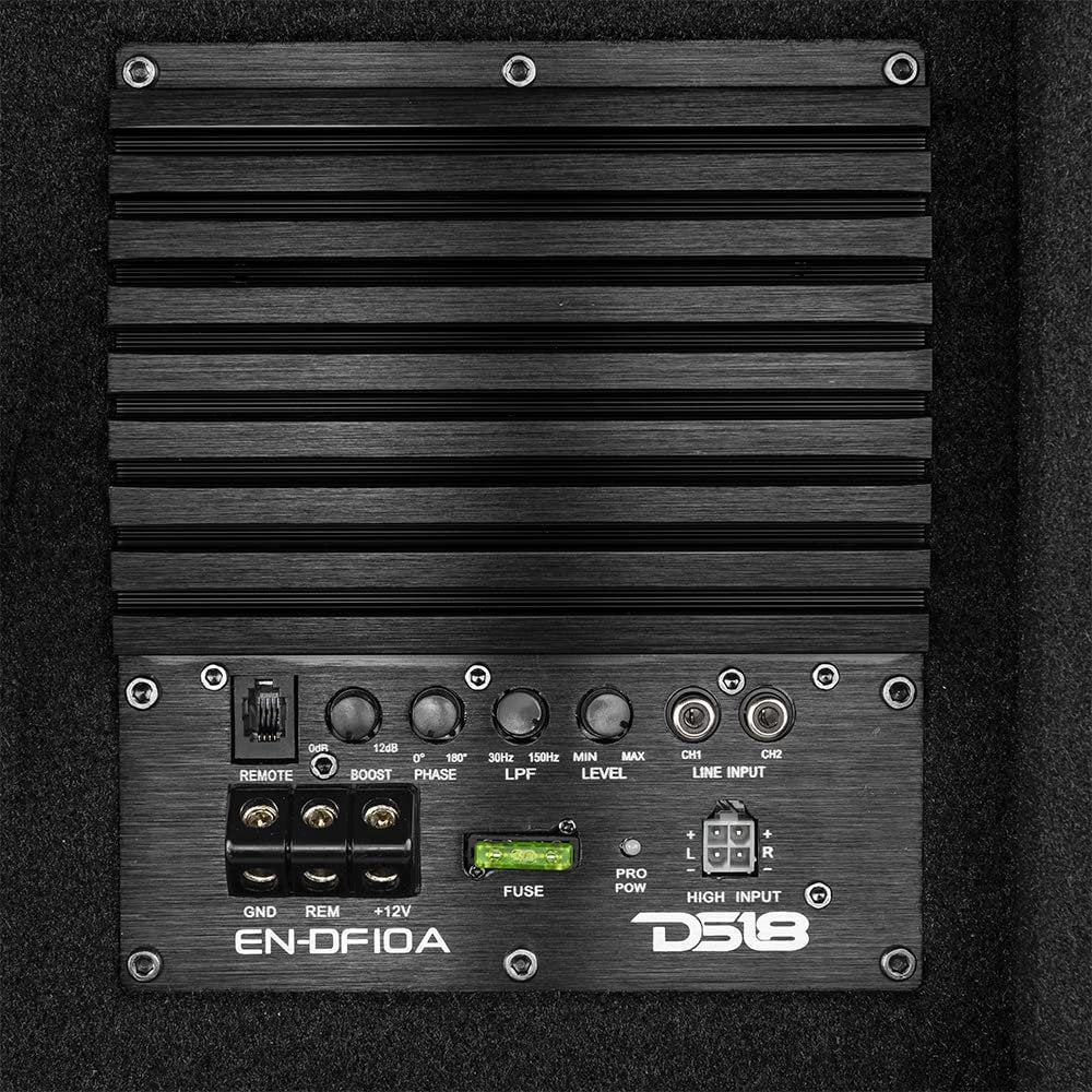 DS18 EN-DF10A 10" Amplified Thin Shallow Down-Firing Subwoofer Enclosure 500 Watts - Powered Subwoofer Box Compact Sealed Design for Car & Trucks