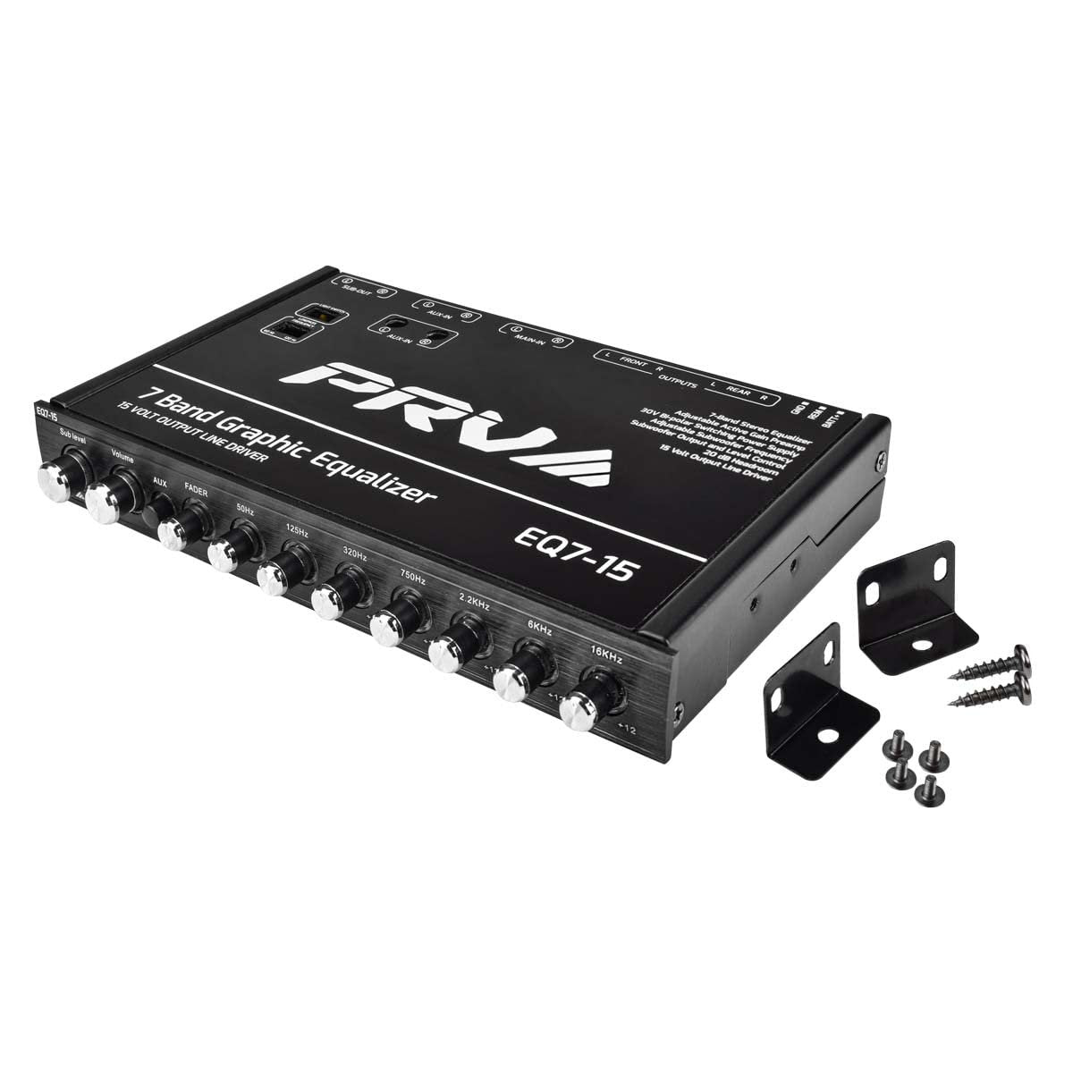 PRV AUDIO EQ7-15 7 Band Graphic Equalizer 15 Volt RCA Line-Level Output with Fader and Subwoofer Level Control for Car Audio