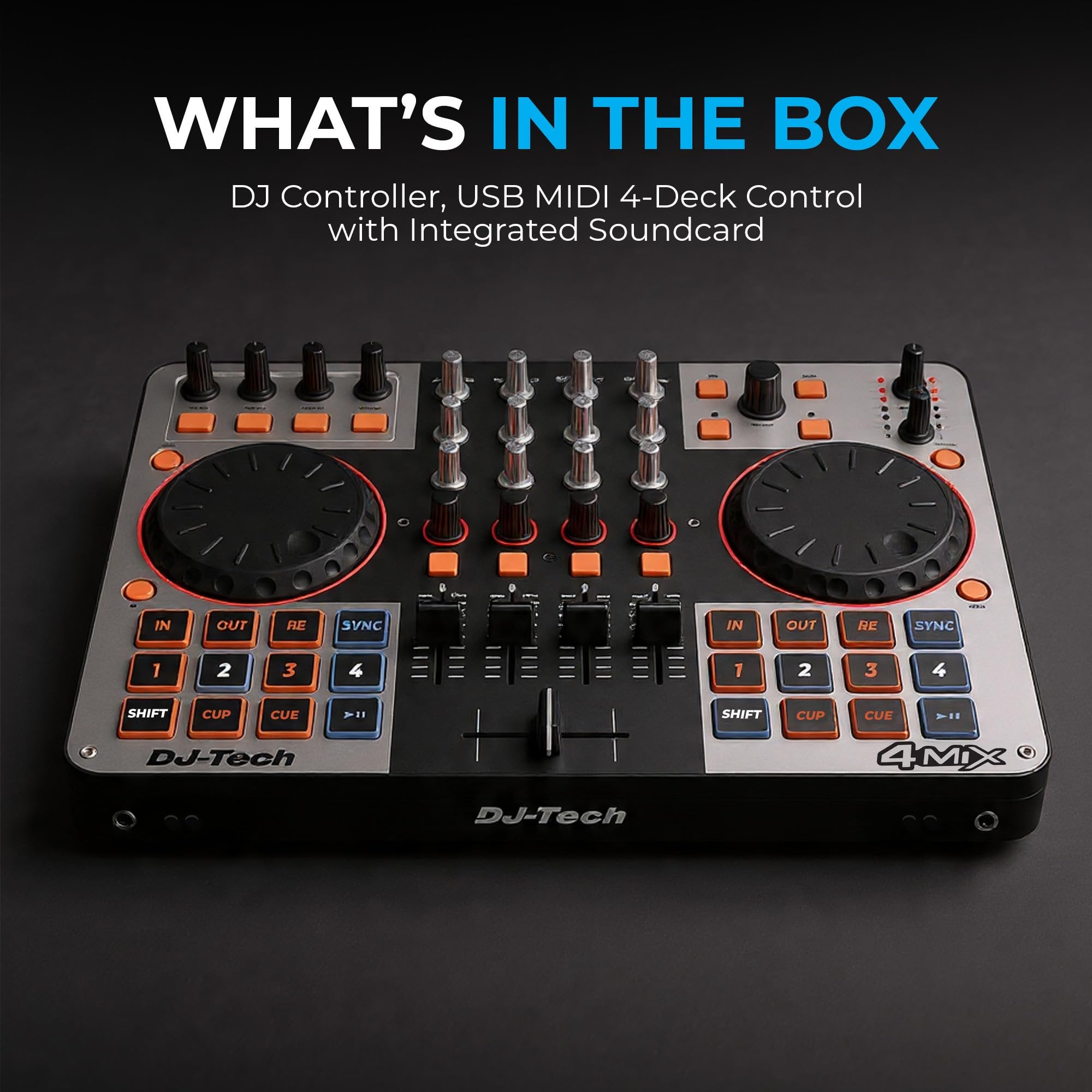DJ Tech DJ Controller, USB MIDI 4-Deck Control with Integrated Soundcard, 4-Channel Mixer with EQ & Filters, Illuminated Performance Pads, FX Controls, Deck Select Buttons, VirtualDJ LE Included