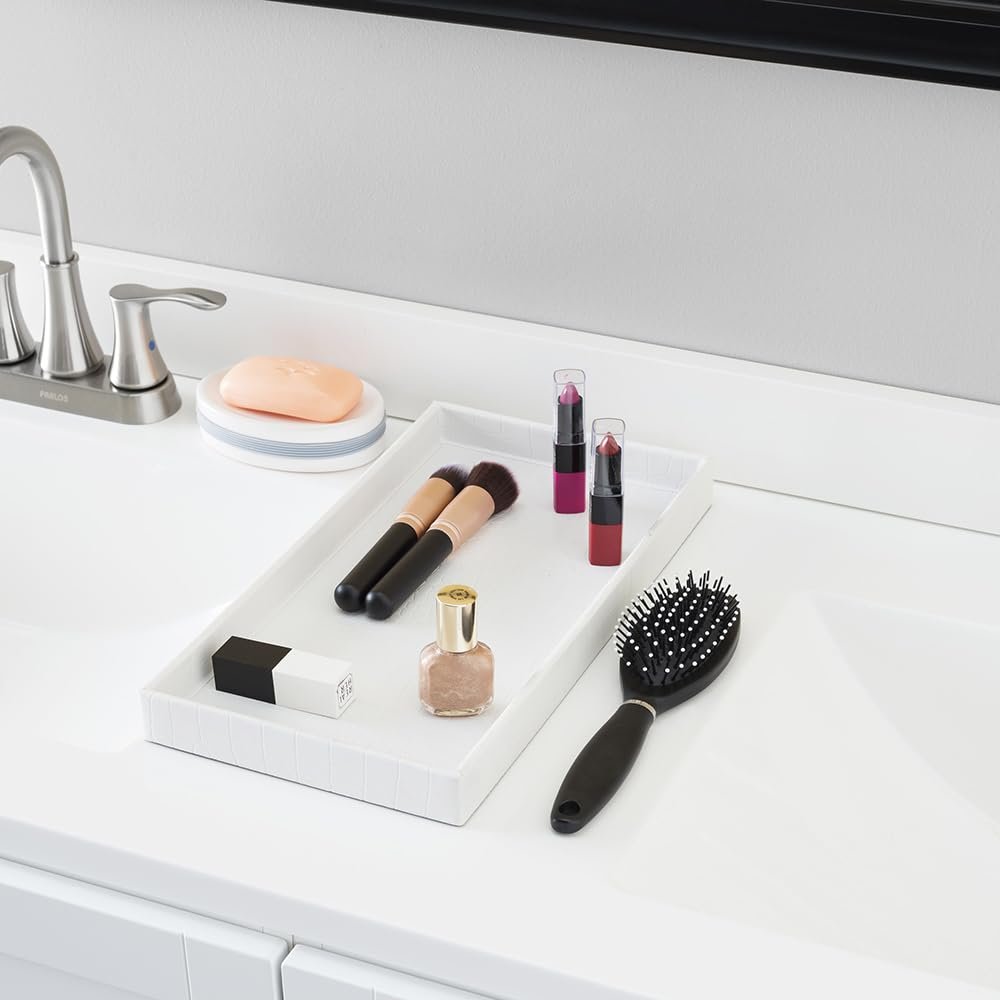 Home Basics Crocodile Plastic Vanity Tray For Jewelry, Make up, Perfume, Cosmetics, Bathroom or Dresser Organizer, (White)