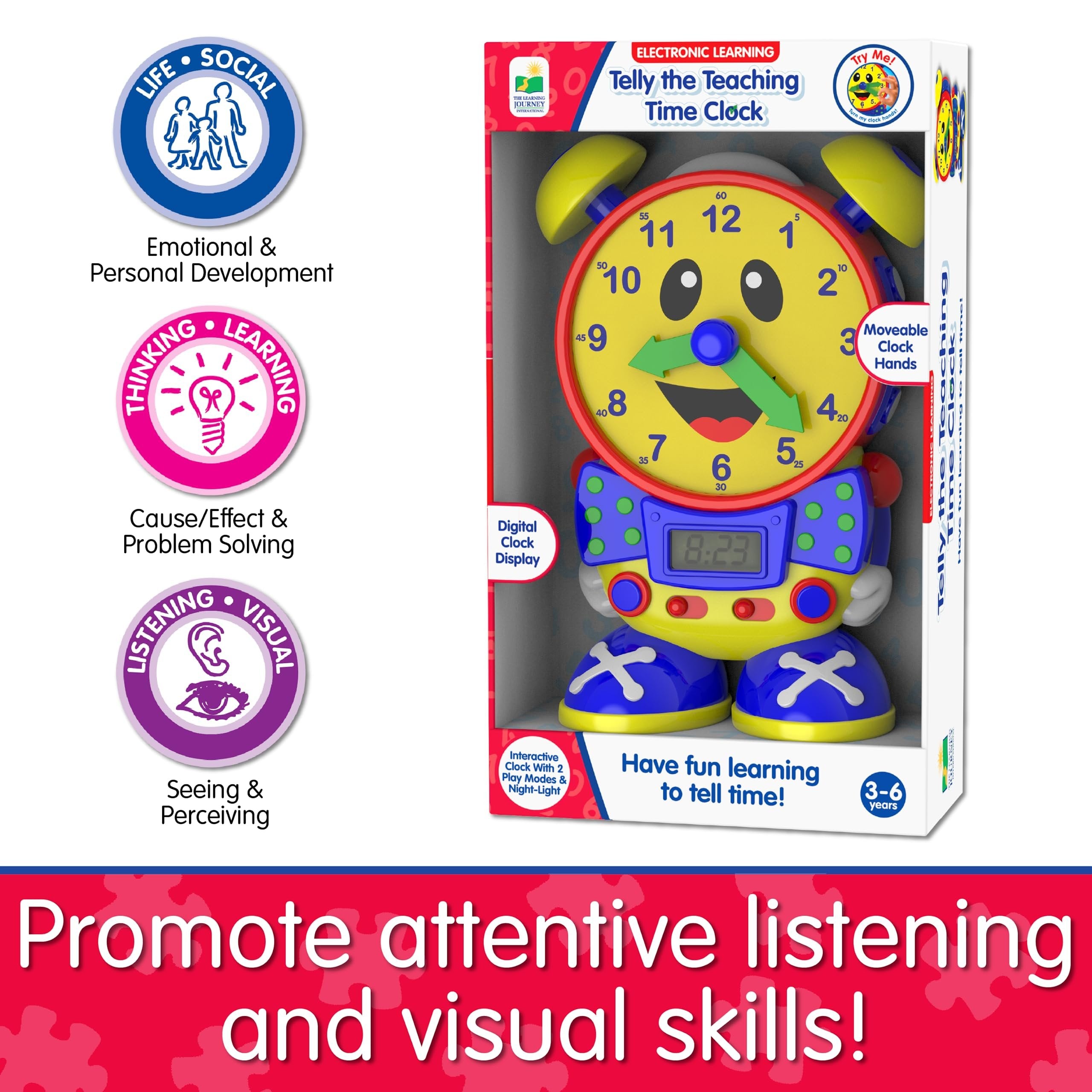 The Learning Journey Telly The Teaching Time Clock, Electronic Analog & Digital Time Telling Aid with Two Quiz Modes & Night Light,Multi
