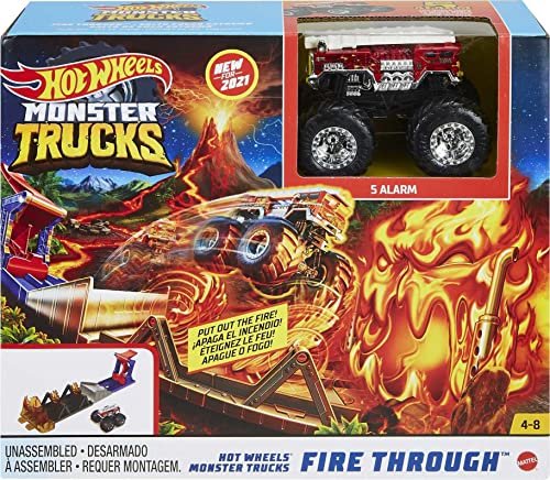 Hot Wheels Monster Trucks Toy Playset with 1:64 Scale Die-Cast 5-Alarm Fire Truck, Fire Through Challenge, Launch Vehicle Over Spinning Flames