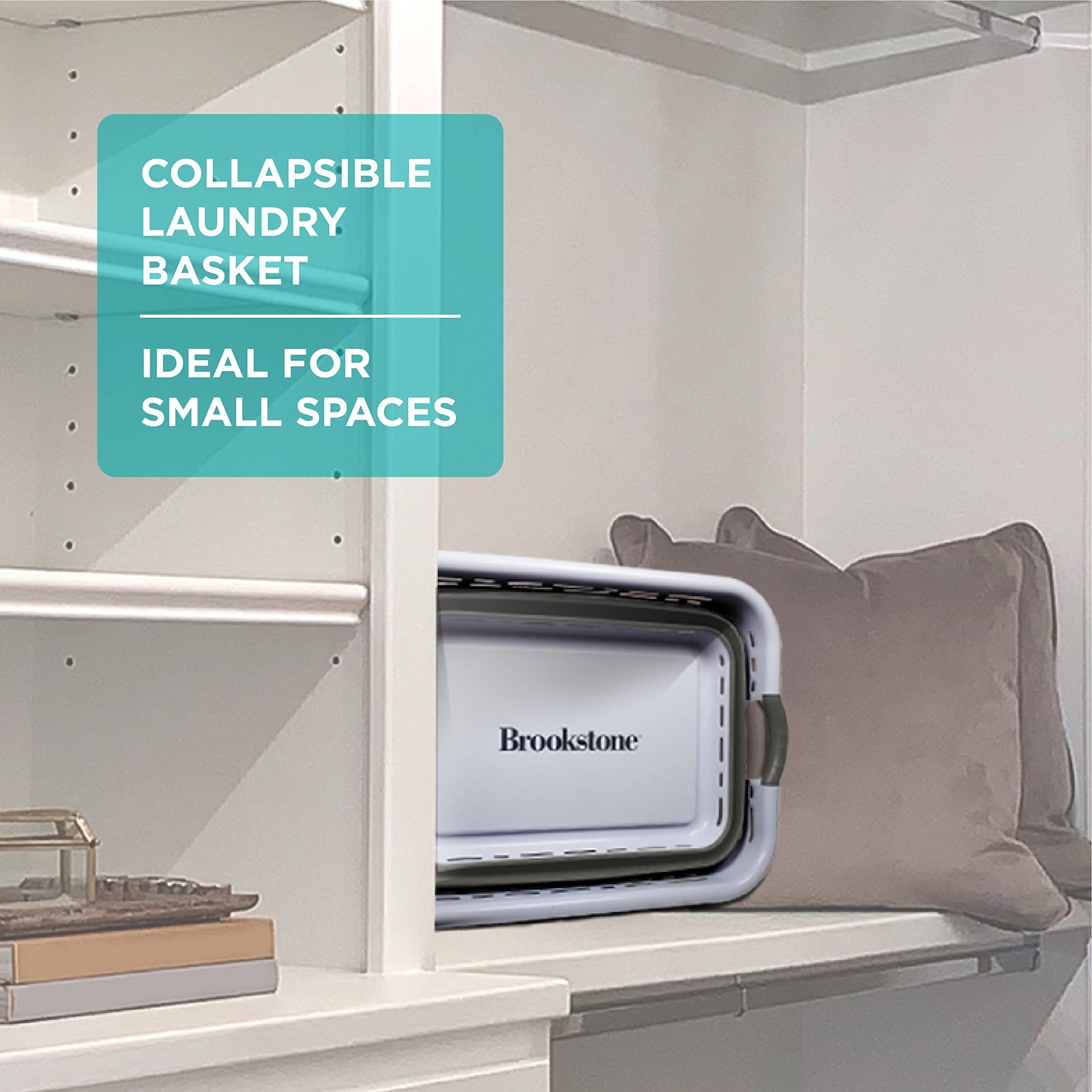 BROOKSTONE, Collapsing Laundry Basket, [LEAVE ADHESIVE IN PLACE TO AVOID RESIDUE], Comfort Grip Handles, Smart Space Saving Structure, Portable Pop Up Storage Box, only 3 Inches High When Folded