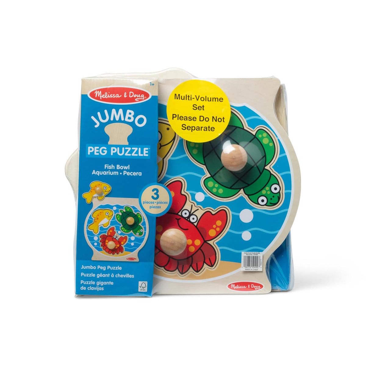 Melissa & Doug Wooden Jumbo Peg Puzzle 2-Pack – Fish Bowl, House Pets, 3-Piece for Toddlers Boys and Girls, Ages 1+ Years