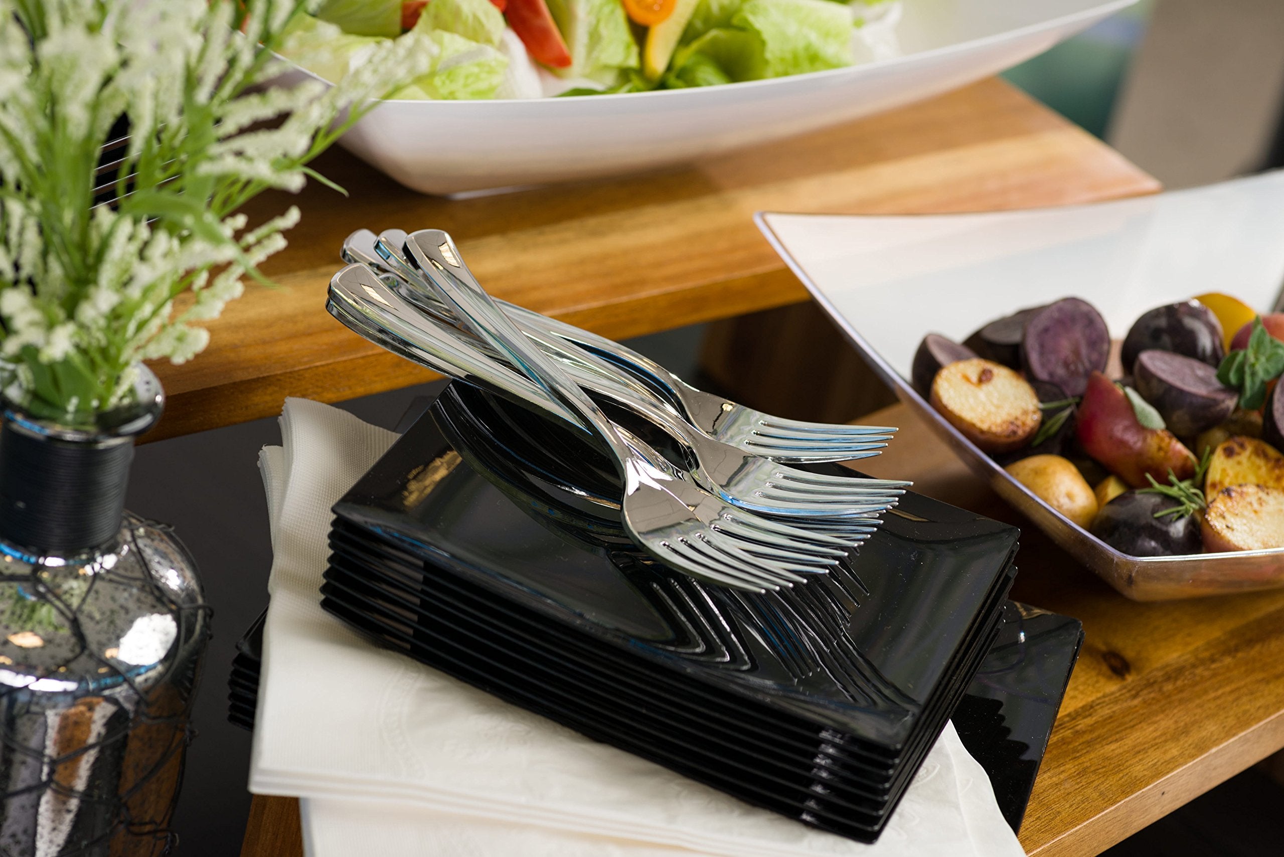 Plastic Cutlery Silverware Extra Heavyweight Disposable Flatware, Full Size Plastic Cutlery Like Silver Combo Pack