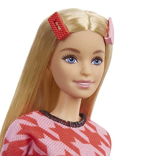 Barbie Fashionistas Doll #169 with Long Blonde Hair, Houndstooth Crop Top & Skirt & Accessories Including Platform Shoes & 2 Barrettes
