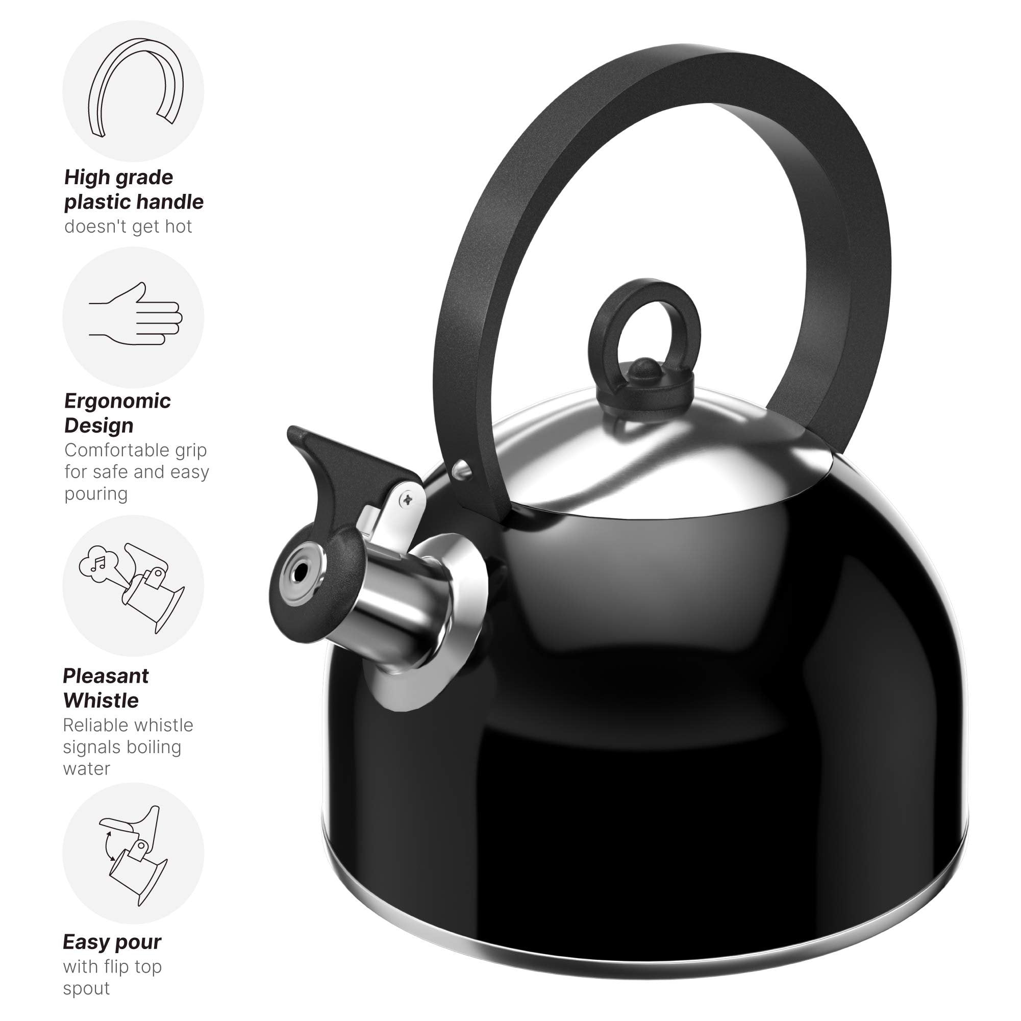 Godinger Studio Hot Water Tea Kettle, Stainless Steel Tea Pot with Whistle, Stovetop Teakettle - 2.5L, Black