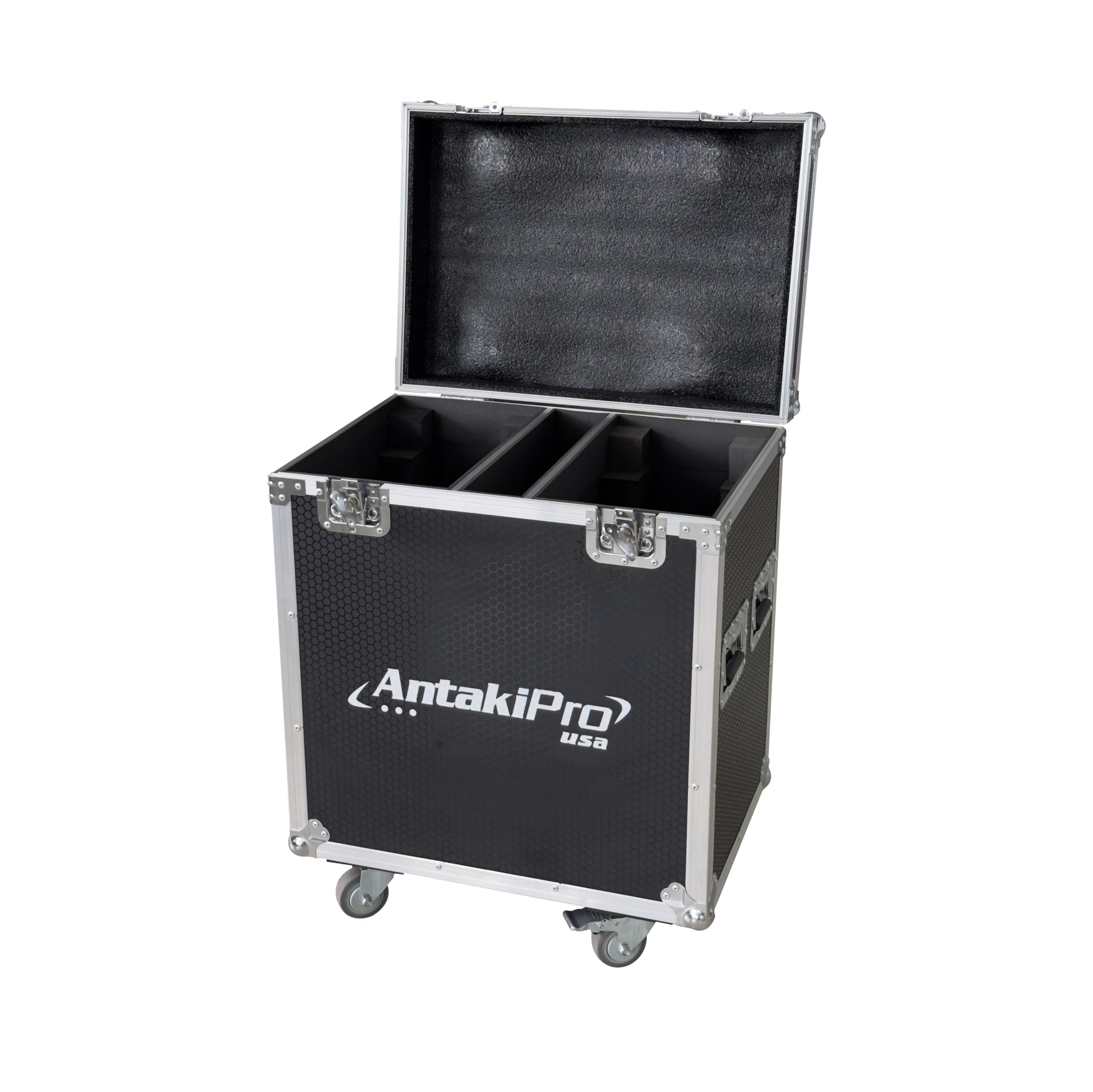 ANTAKIPRO AP-350CASE PRO Road Case, Holds 2 Moving Head Lights Spacious Interior Secure Compartments Rolling Flight Case Storage with Wheels Black